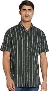 Allen Solly Men’s Regular Fit Striped Casual Shirt | Textured Cotton‑Blend Fabric | Half Sleeves | Spread Collar | Beige | Everyday Stylish Casual Wear