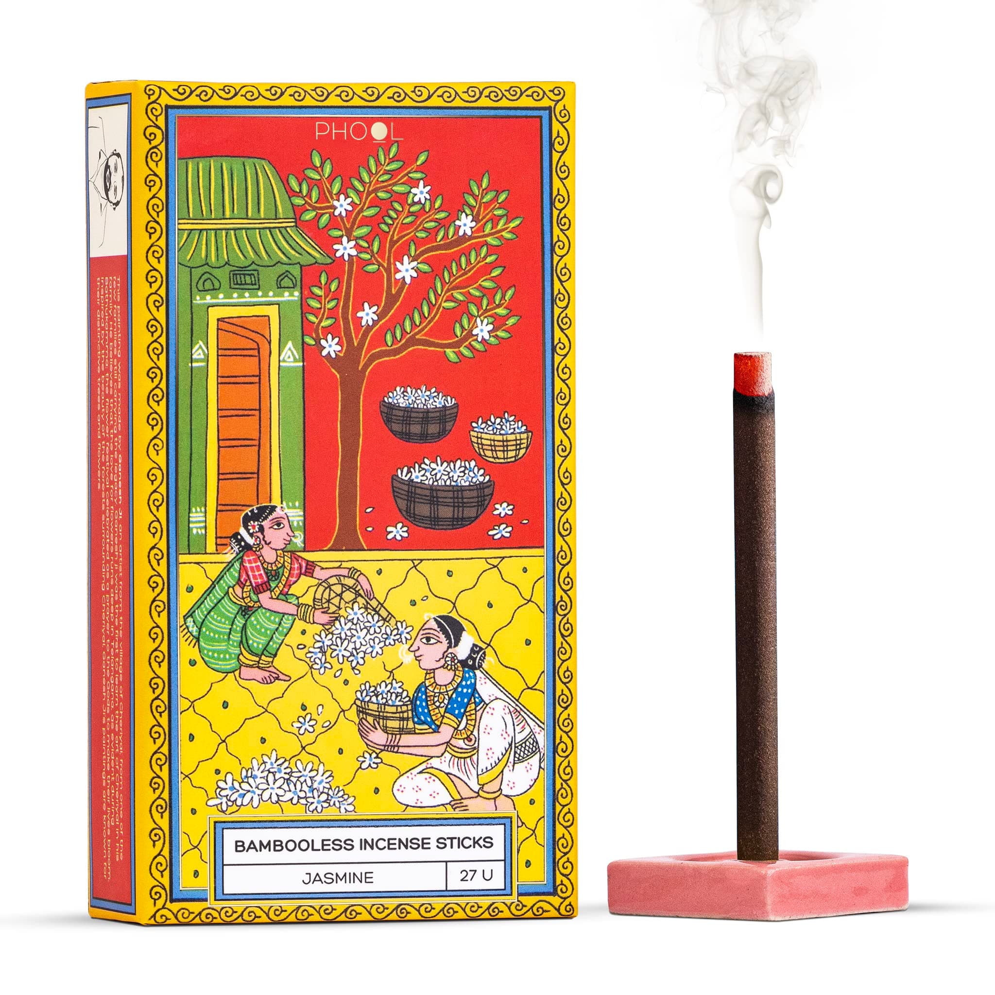 PHOOL Luxury Incense Bambooless Incense Sticks | Jasmine Dhoop Sticks for Pooja, Meditation & Aarti | Natural Chemical-Free Smokeless Agarbatti | Free Dhoop Holder | Eco-Friendly | Pack of 27
