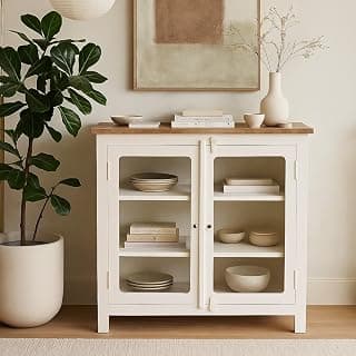 Solid Wood Madrid Glass Door Sideboard | Crockery | Kitchen Cabinet Finish- Decu White