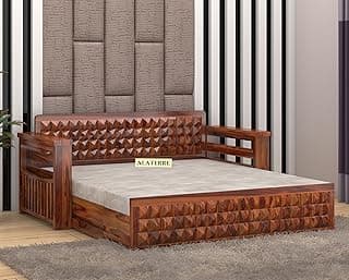 Diamond Design Wooden Sofa Bed with Storage | 3 Seater Sheesham Wood Convertible Couch for Living Room (A-Honey Finish)