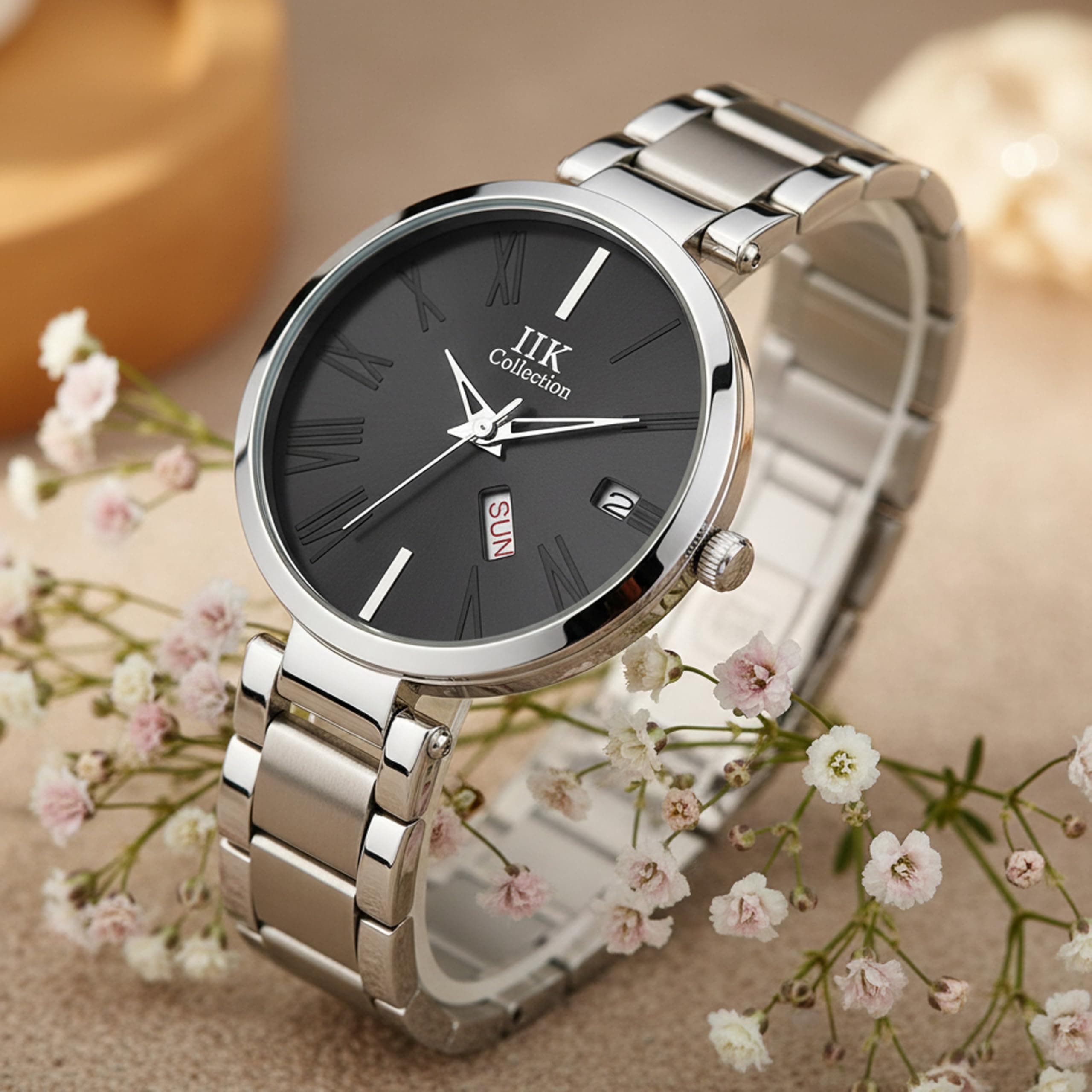 IIK COLLECTION Watches for Women Round Studded Dial |Day and Date Quartz Movemnet |Long Battery Life|Stainless Steel Bracelet Chain Strap|Double Lock Clasp Safety Watches for Girls