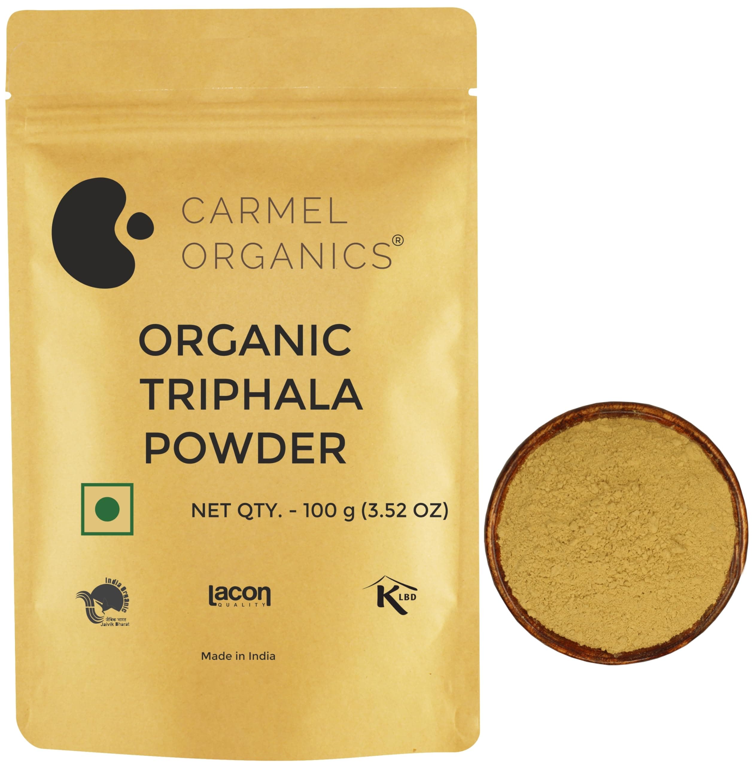 CARMEL ORGANICS Triphala Fruits Powder 100 Grams | Jaivik Bharat Certified, Triphala Churn, Helps Relieve Constipation, Non-GMO, No Added Preservative