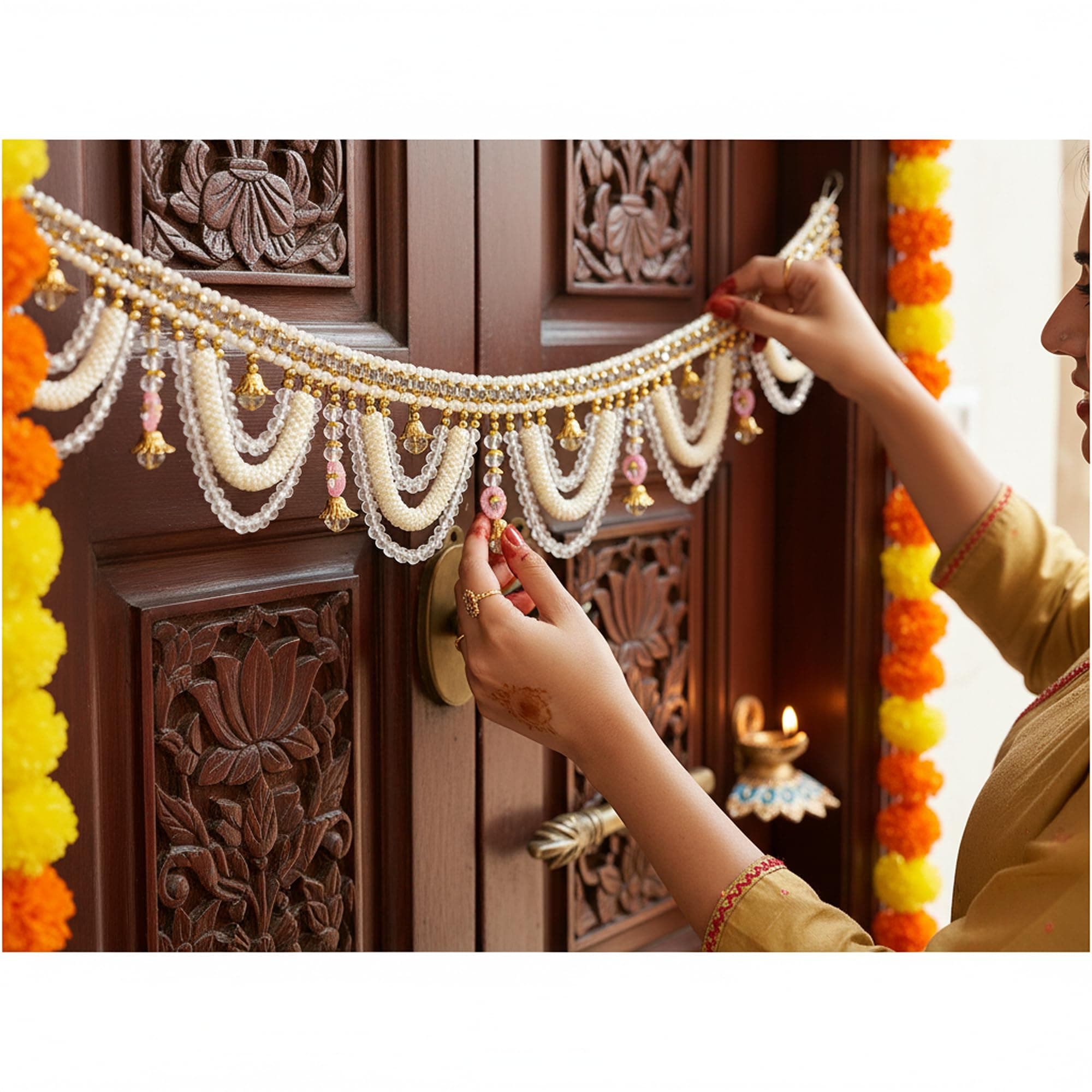 NVF® Traditional Pearl Beaded Toran for Main Door - Elegant White & Gold Bandhanwar for Home Decor - Ideal for Diwali, Weddings, Pooja Room & Housewarming (Grand Edition (4 Feet))
