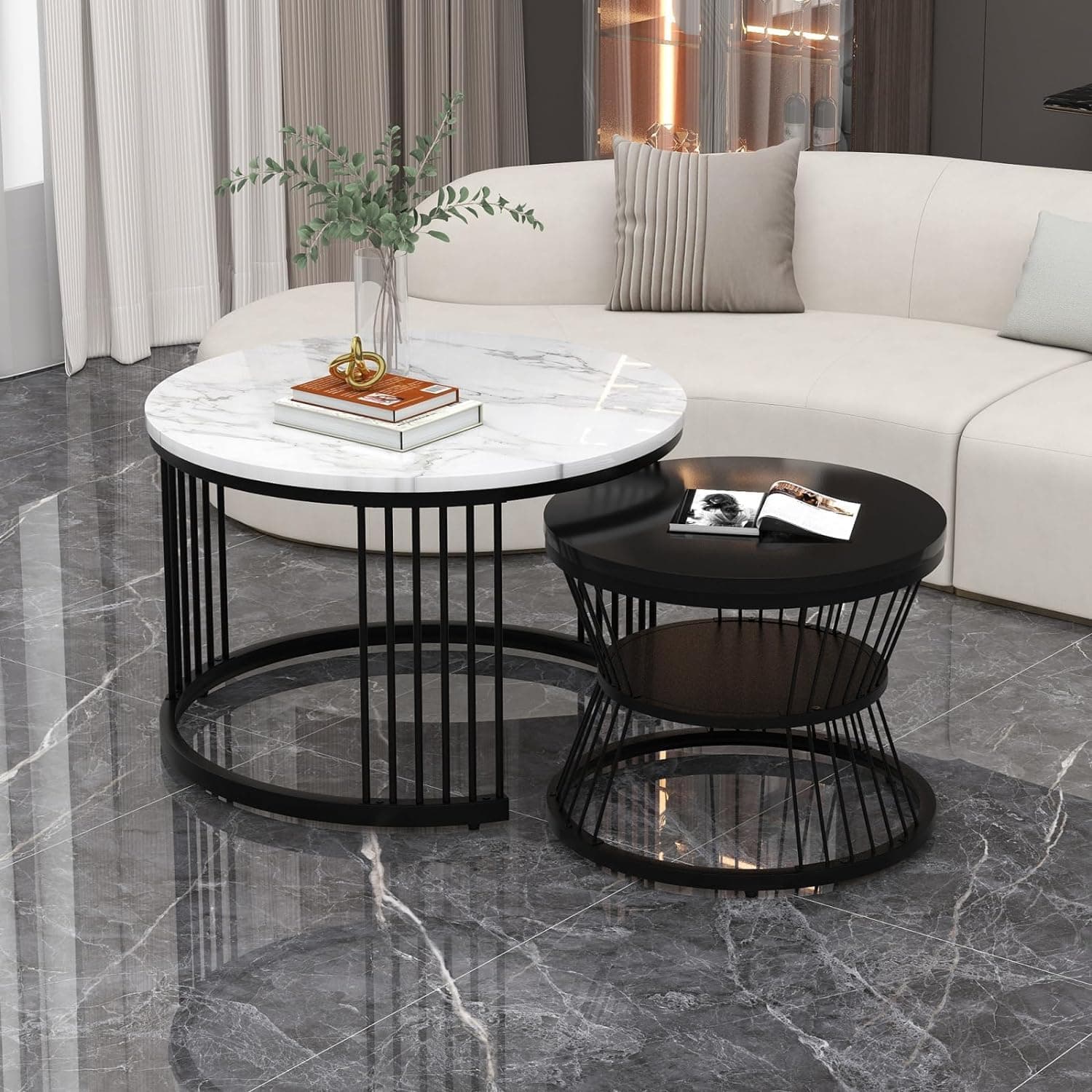 NEST NATURE HAVEN Round Coffee Table, Modern Nestings Table Set of 2, Sofa Side Table with Marble Veneer Top and Metal Frame, End Table for Living Room Bedroom Home or Office (Black White)