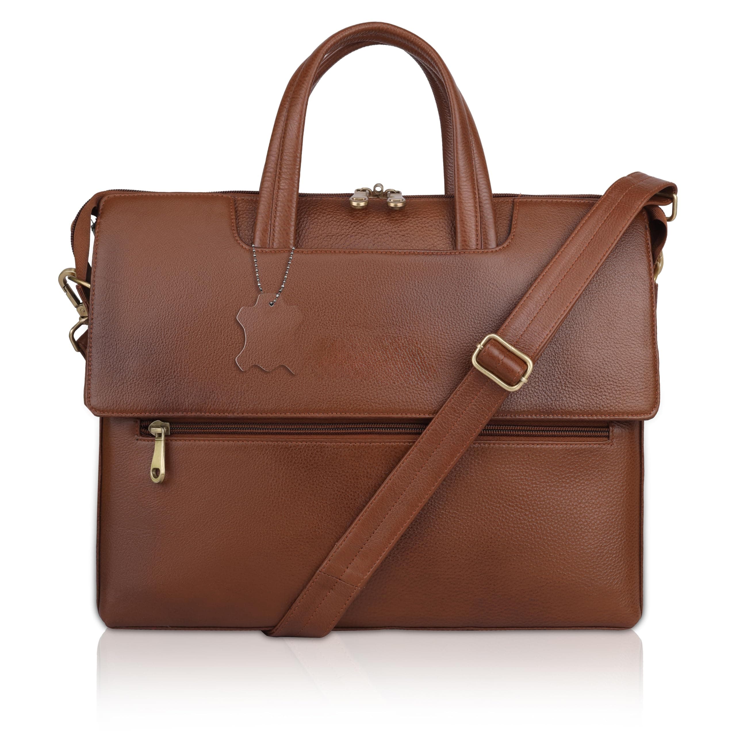 DORPER MONEYHILL Leather Laptop Bag for Men Office Use Professional Briefcase 16 Inch Branded Messenger Bag Women Best for MacBook, TAN