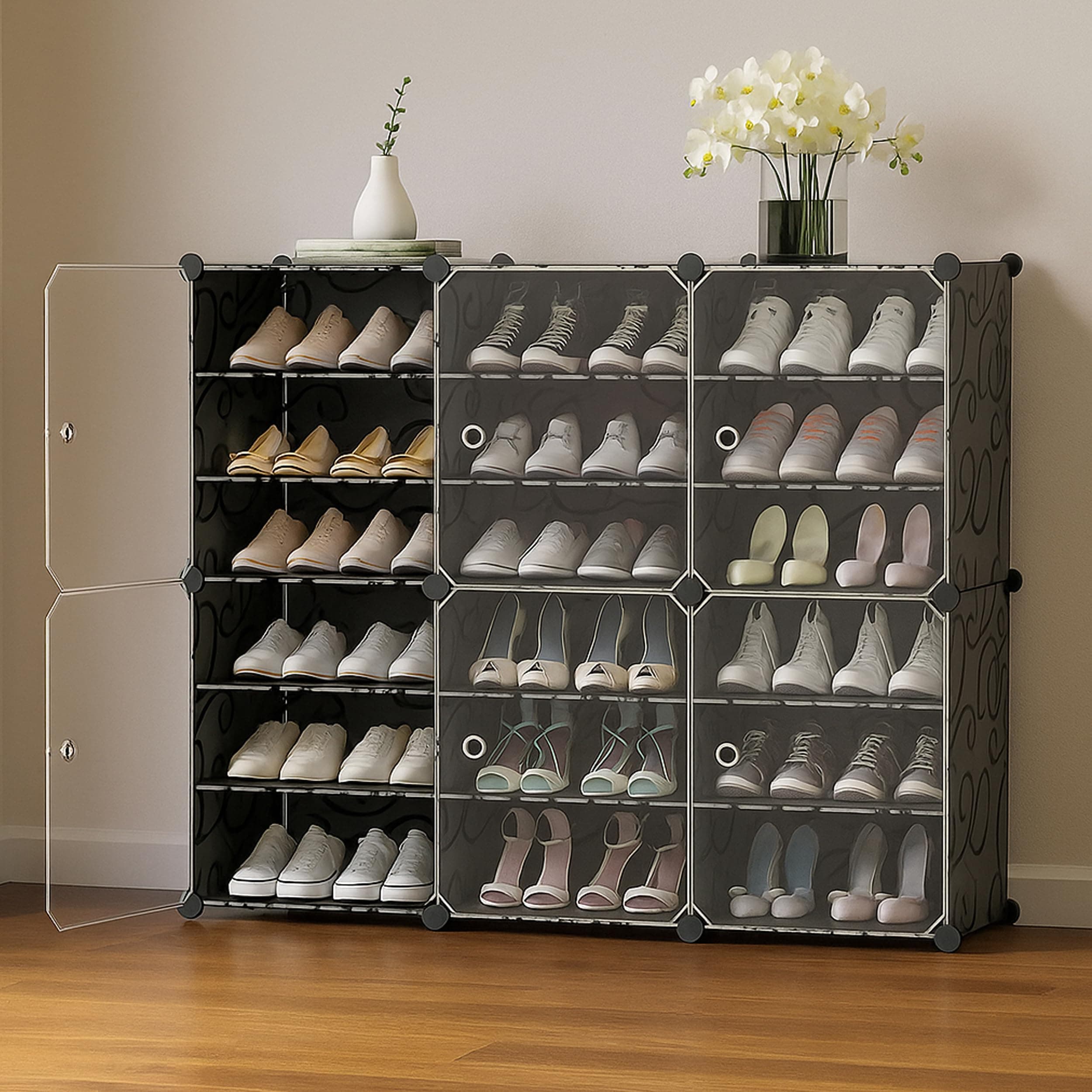 Zemic Multiuse Modular Plastic Shoe Rack for Home with Door | 𝟏𝟖 𝐒𝐡𝐞𝐥𝐟 Stackable Organizer | Waterproof & Dustproof | Space Saving Storage for Home, Bedroom & Entryway【Black, 6-Door-18-Shelf】
