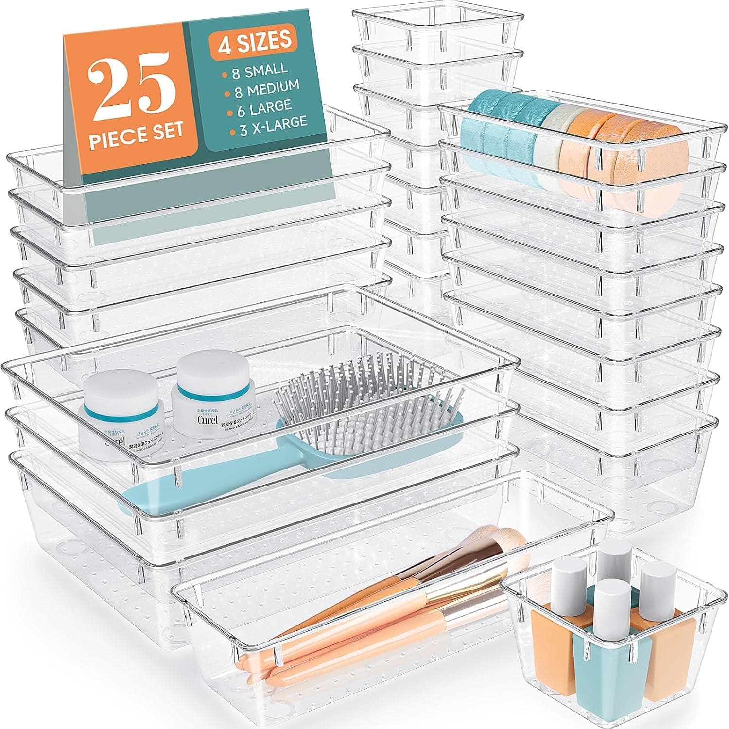 Zollyss 25 Pcs Desk Drawer Organizers Trays Set Clear Plastic Storage Bins Bathroom Drawer Tray Dividers Vanity Trays Organizer For Bedroom Dresser Makeup Kitchen Utensil Office,Transparent