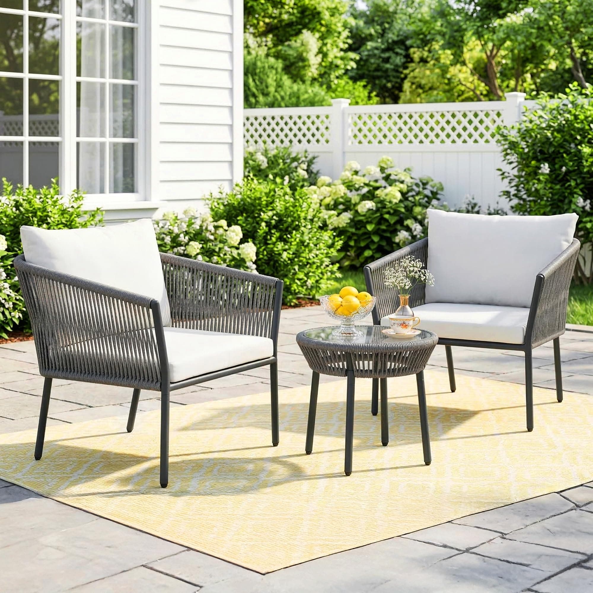 DEVOKO 3 Piece Patio Rope Set Outdoor Woven Rope Conversation Balcony Furniture With Glass Top Table And Cushioned Chairs For Garden (Grey And White), (76 X 89 X 65Cm)