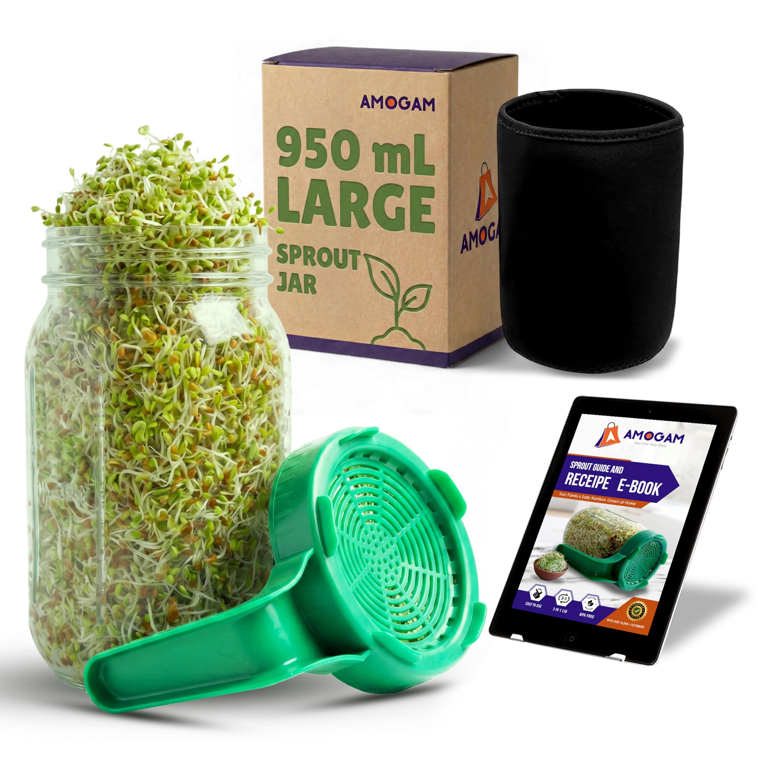 Amogam Sprouts Maker Glass Jar – 950ml Large Sprouts Maker Jar for Home Use | BPA-Free Sprouting Jar with Drain Lid Handle | Reusable Glass Sprout Maker Jar for All Seeds and Beans