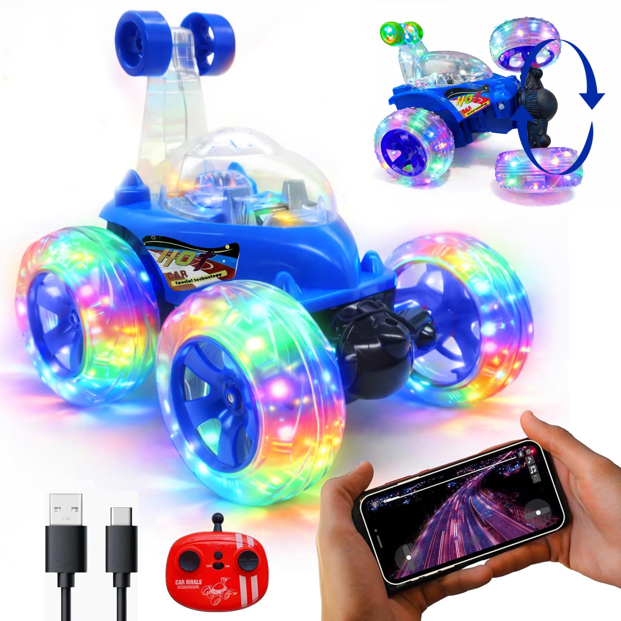 Zivvy Stunt Racing Car Blue | Forward/Backward & Left/Right Steering | LED Lights, Music & Spray Effect | Bluetooth Control | Rechargeable | Best Gift for Boys & Girls 2 3 4 5 6 7 8+ Years