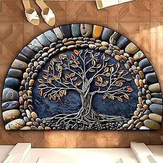 Semi Circle Doormat for Entryway | Non Slip Half Round Entrance Rug with 3D Tree & Stone Print | Super Absorbent Floor Mat for Home, Kitchen & Bedroom | Anti-Slip Washable Bathmat for Bathroom