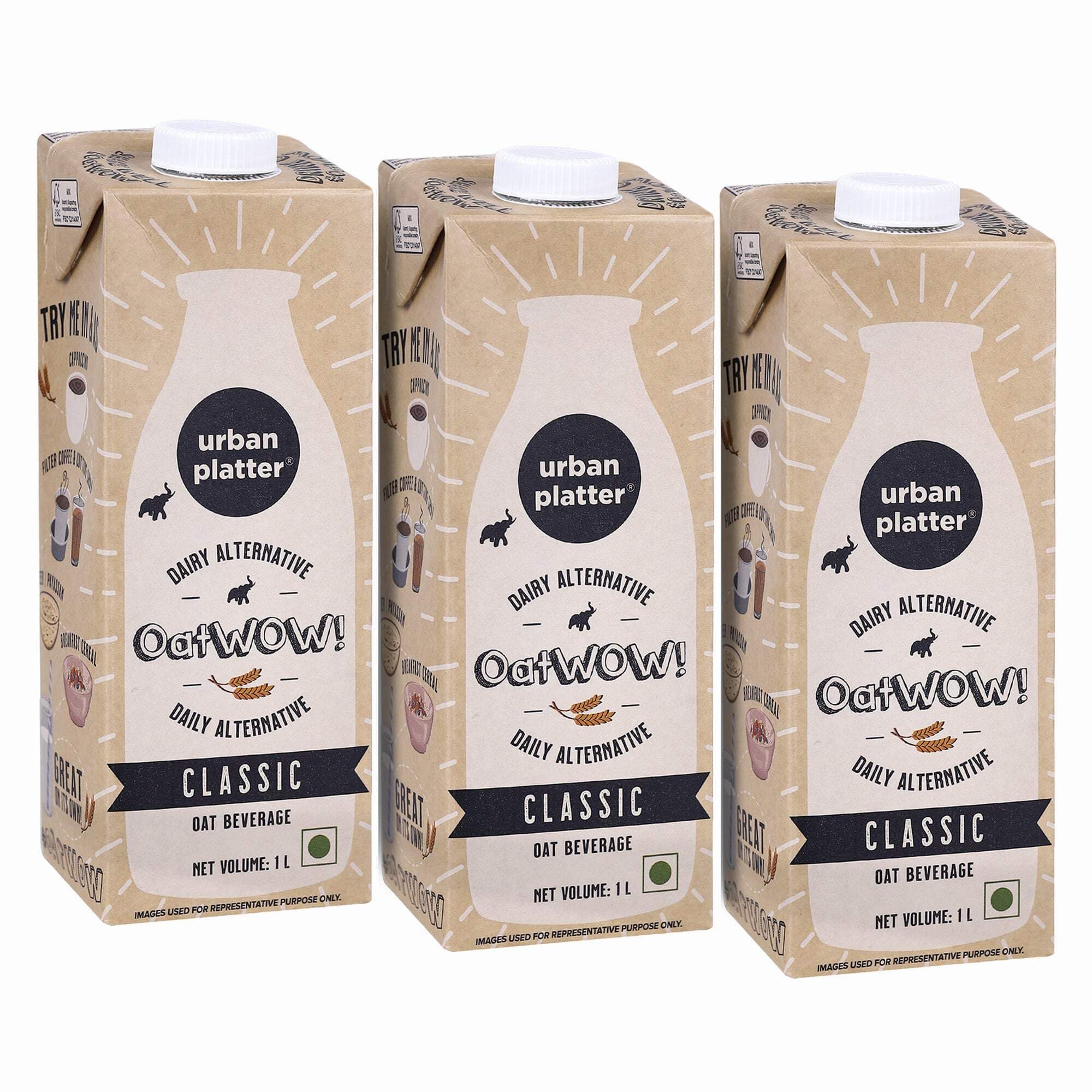 Urban Platter OatWOW Classic Oat Beverage, 1 Litre (Pack of 3, Plant-Based, Milk Alternative, Creamy, Lactose-Free)
