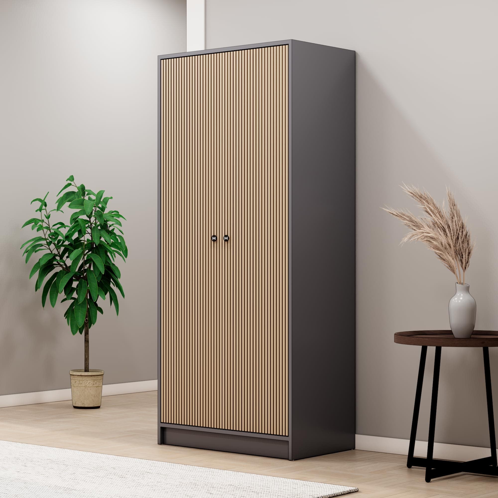 Bniture Luxe 2 Door Wooden Wardrobe for Bedroom with Shelf & Lockable Drawer | Almirah for Clothes with Vertical Slatted Panels | Cupboard for Bedroom with Elevated Base | Grey & Giant Wood