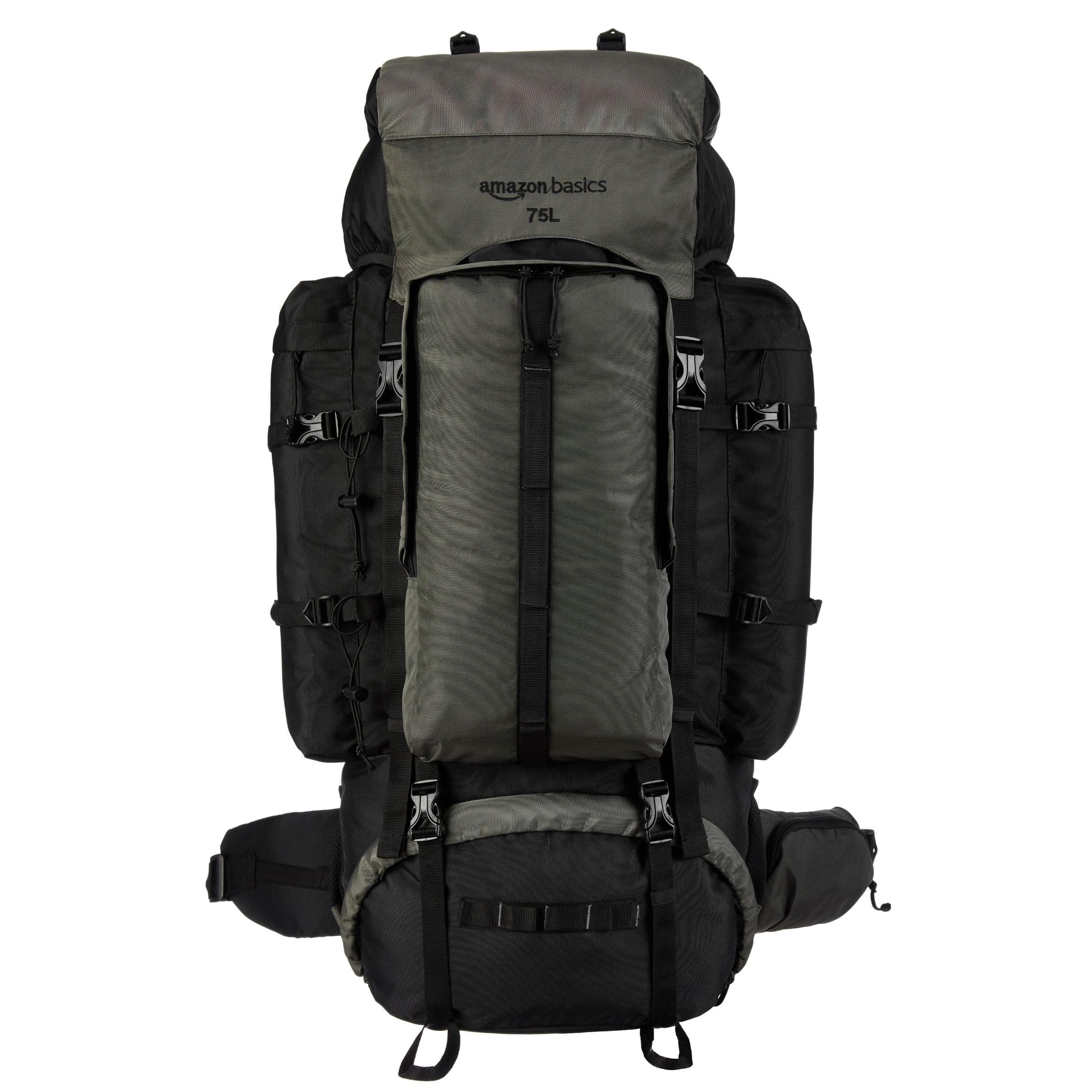 Amazon Basics 75 Liters Hiking Bag with Rain Cover | Trekking, Travel Bag for Men & Women | with Laptop Sleeve & Shoe Compartment | Unisex Camping Rucksack | Internal Frame Hardback | Green