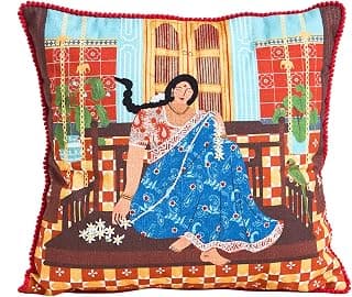 Chumbak Lady Chettiar Cushion Cover| 100% Cotton with Chain Embroidery| Home Décor| Sofa & Bed Cushion Cover| Throw Pillow with Chettinad Motifs, 16-Inch