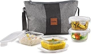 CELLO Glassy Square Lunch Box with Jacket For Office, Transparent | 2 x 320ml, 2 x 240ml Glass Containers, Microwave Safe Leadfree Toughened Glass, Airtight Leakproof Tiffin Box For Daily Use & Travel