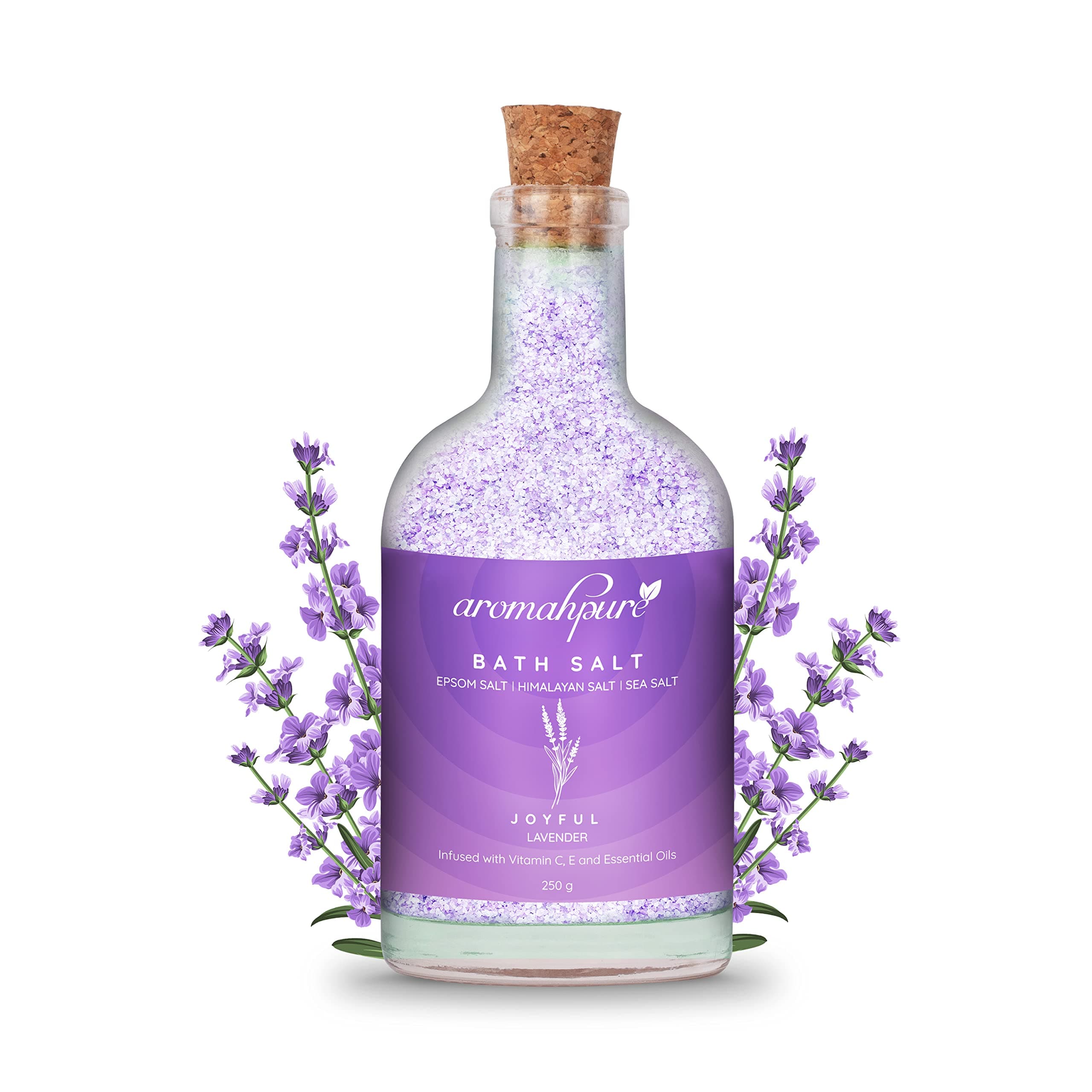 Aromahpure 100% Natural Bath Salt with Essential Oils (Mix of Epsom Salt, Himalayan Salt, and Sea Salt, Vitamin C & E) for Body & Foot Spa, Relaxing Aromatherapy - Joyful Lavender Fragrance (Lavender) to Relax Mind and Body (250gm)