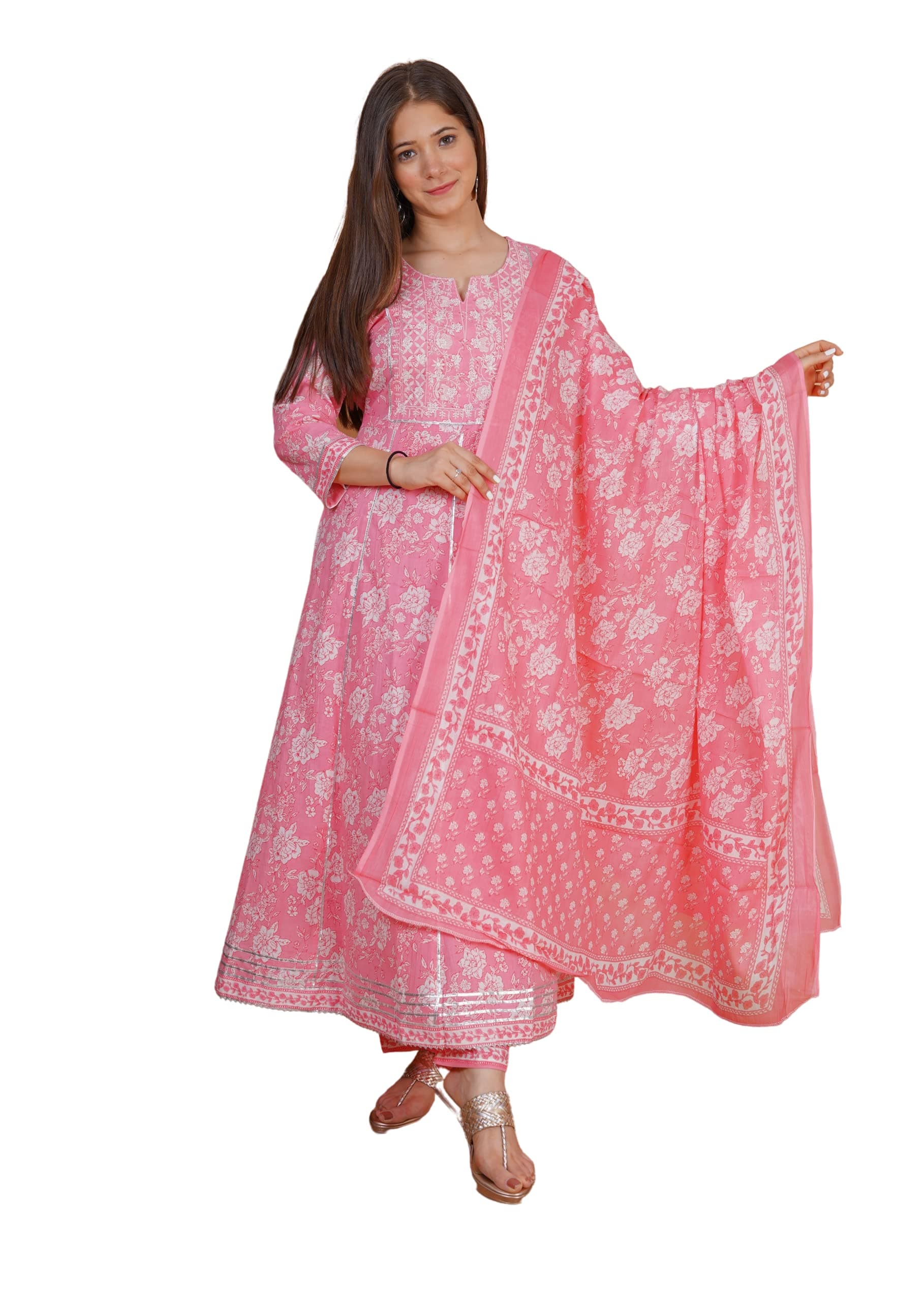 MEERA FAB Women's Cotton Printed Embrodriery Anarkali Kurta With Palazzo & Dupatta Set, Pink XL
