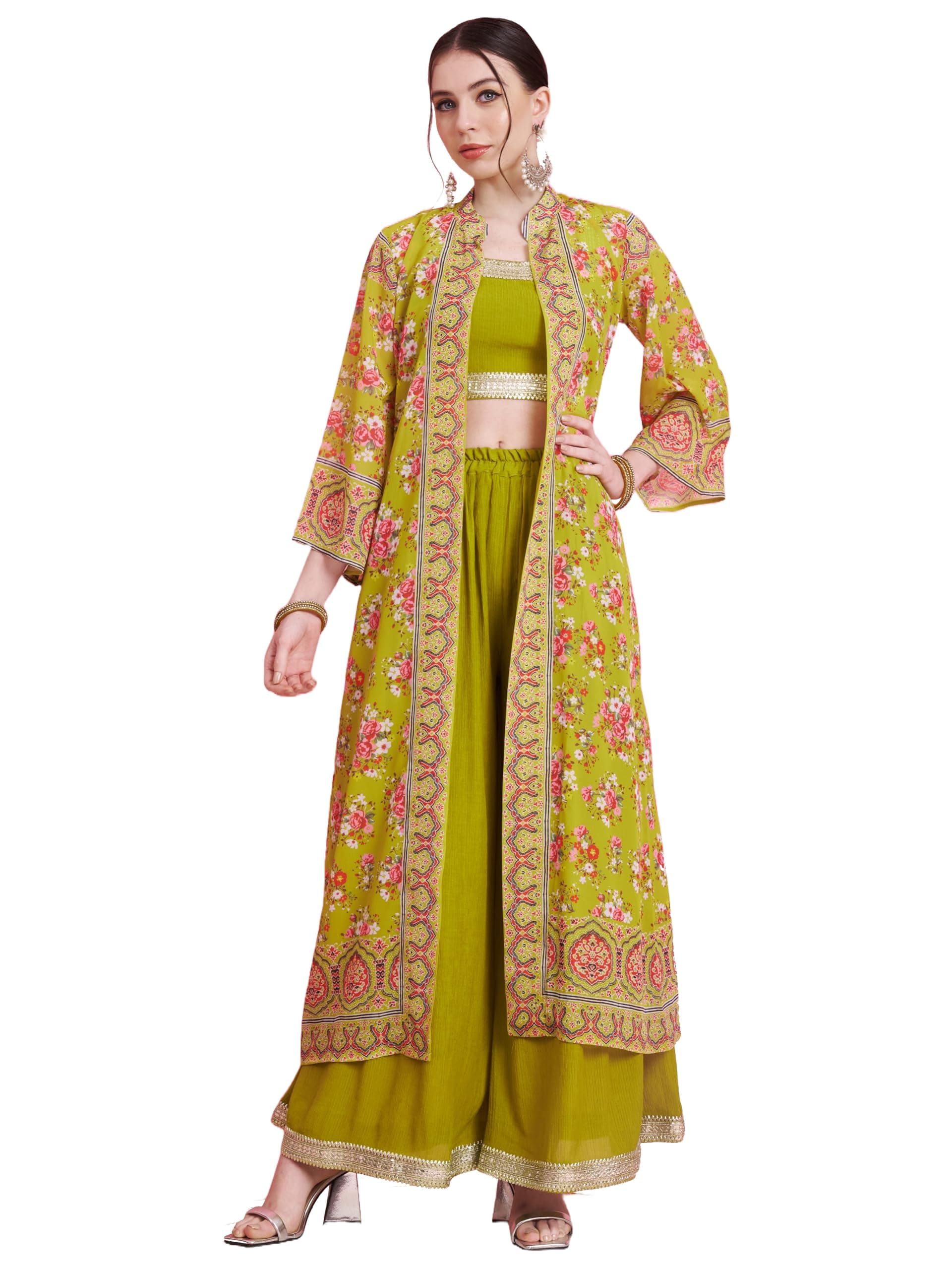 Vbuyz Women’s Georgette Floral Printed Long Shrug with Solid Crop Top & Palazzo