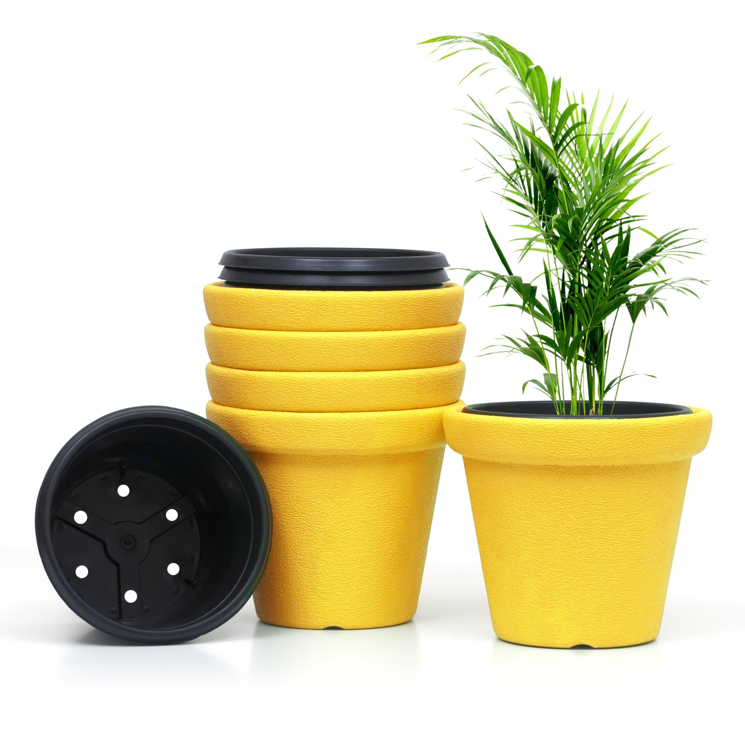 Livzing Plastic 11 Inch Flower Pots | Self Watering Plant Pot | Gamla Pot | Planters for Living Room, Indoor, Outdoor and Balcony Plants - Home Decor Crown Pot - Plant Container Set - Pack of 5-Yellow