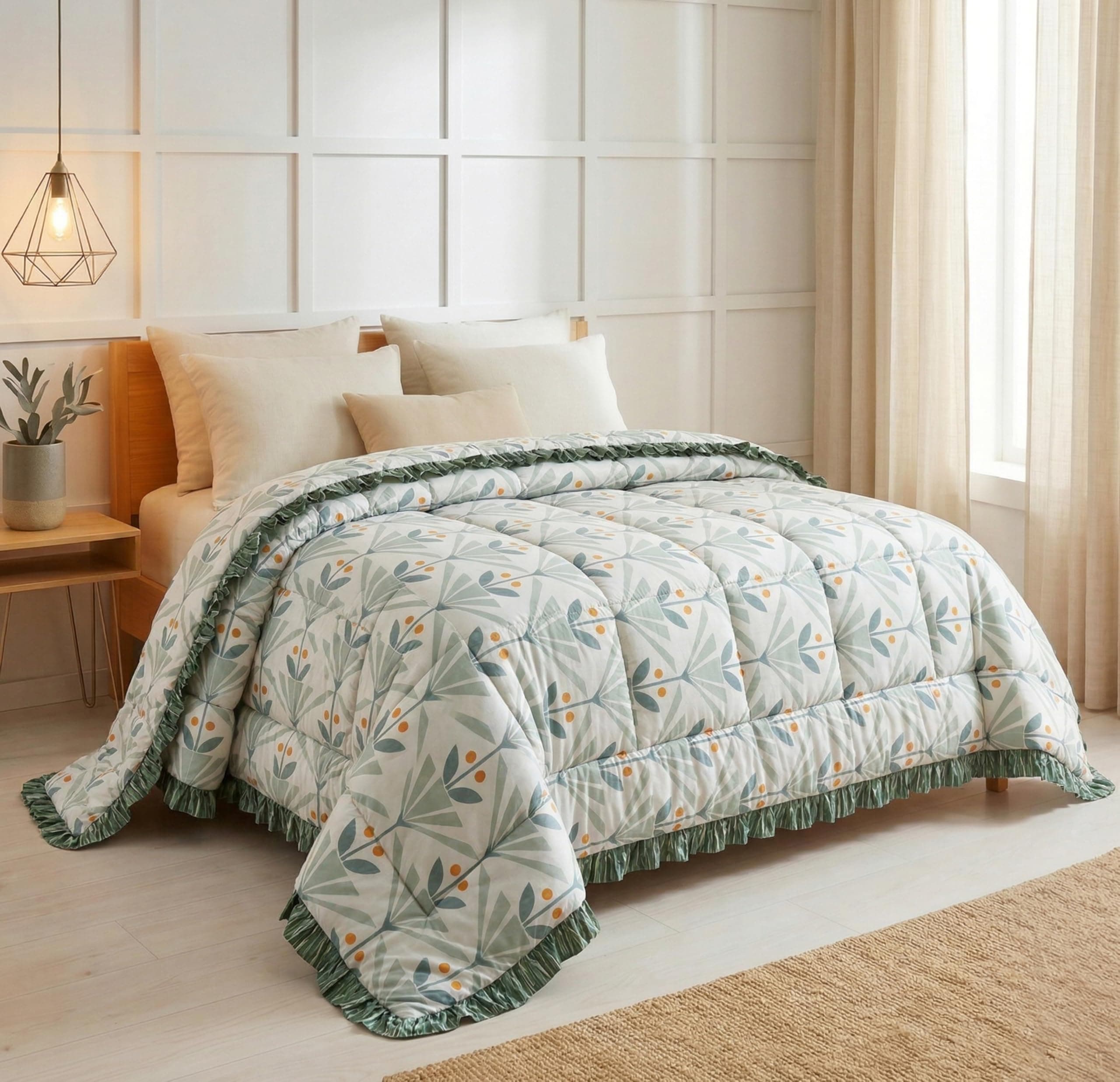 VAS COLLECTIONS Cloud Cotton Reversible AC Comforter for Double Bed (88x90 Inch) 220 GSM Lightweight Quilt/Duvet/Dohar with 2.5 Inch Frill Border, Super Soft All Season Blanket (See Green)