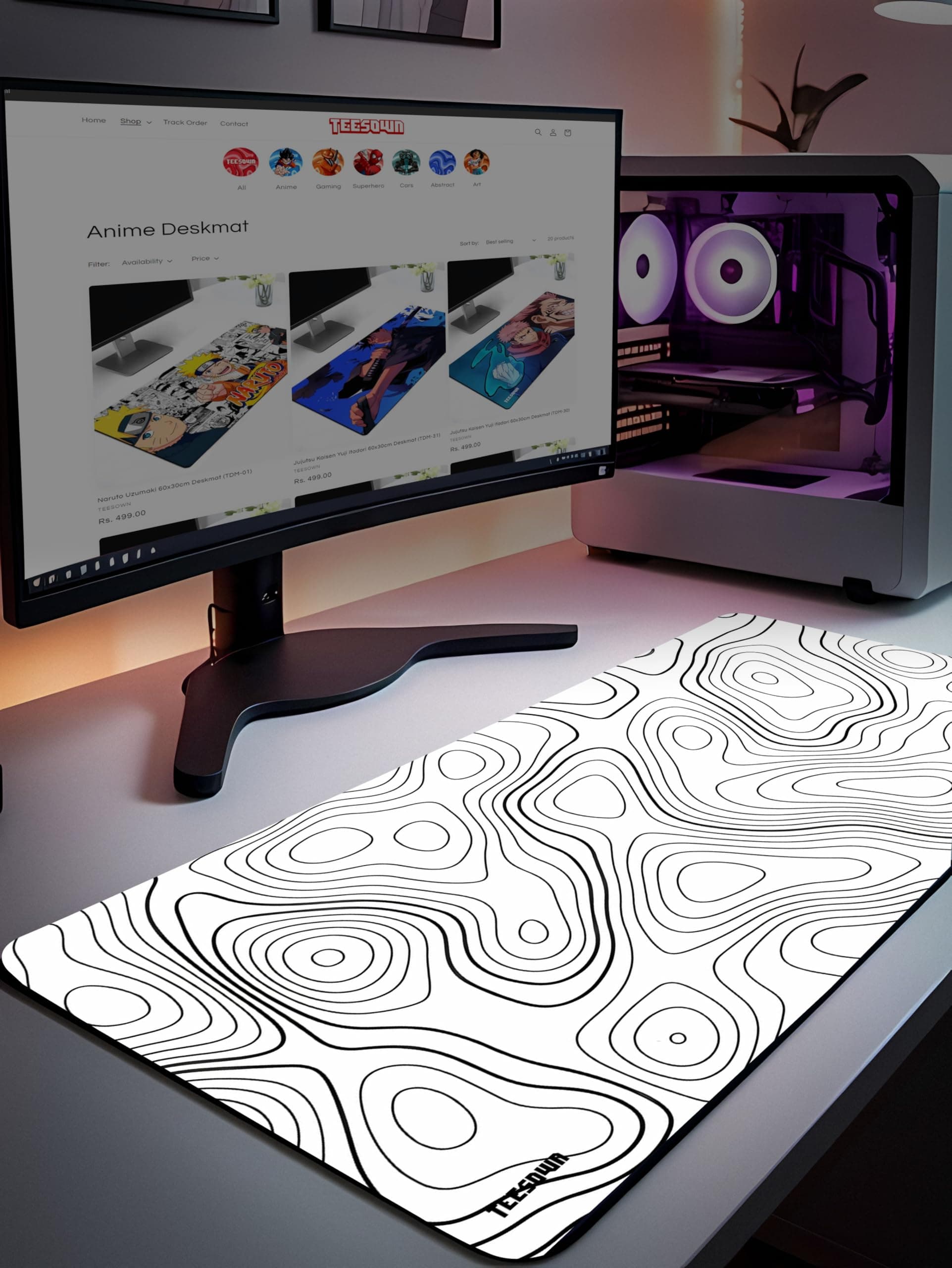 TEESOWN XL Off White Topographical Extended Mousepad (12x31) inches for Laptop Desktop PC and Gaming Desk Mat Rubber Base Desk Pad