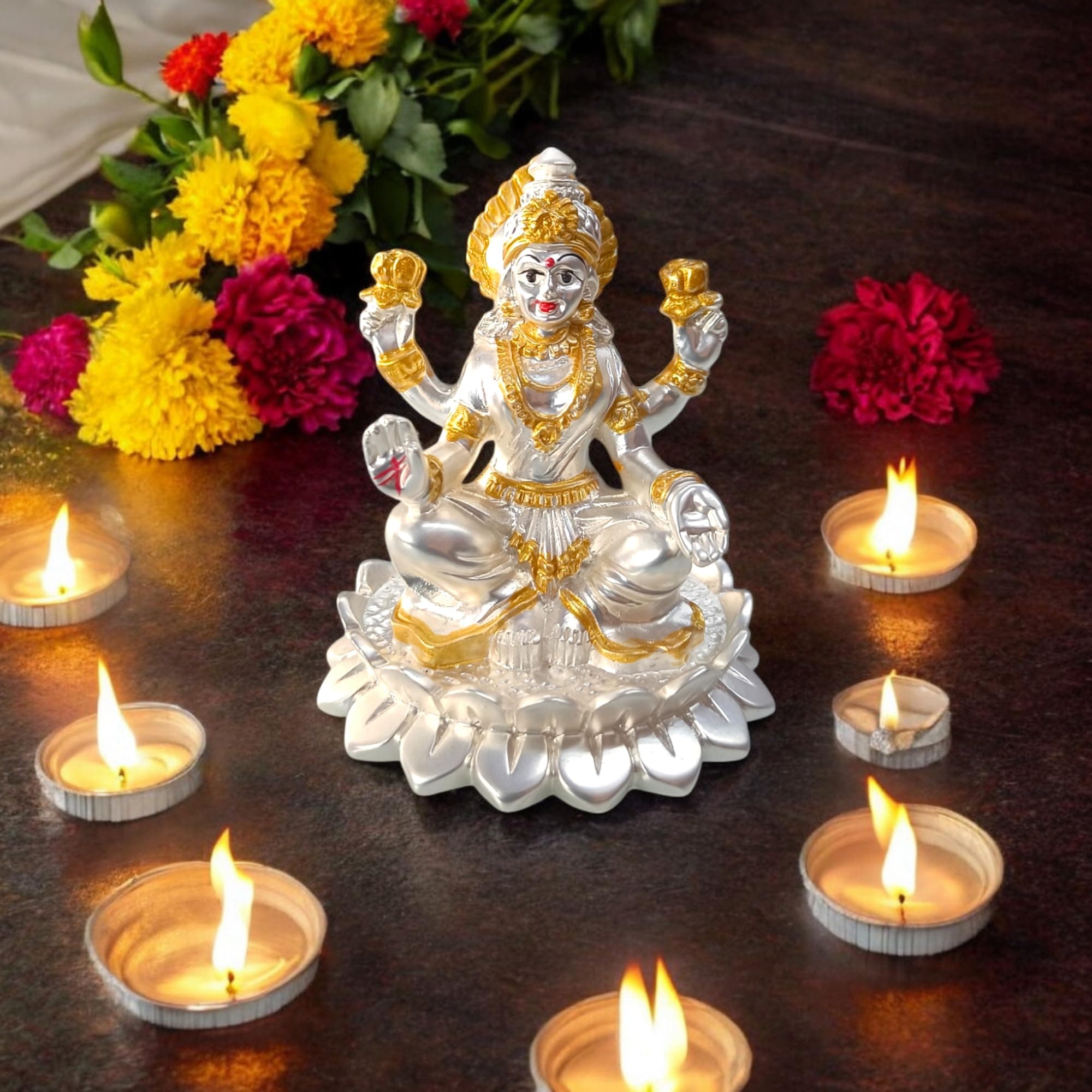 DK trades - Pure Gold and Silver Coated Beautiful and Detailed Murti Idol for Pooja - Divine Laxmi Idol Symbolizing Prosperity and Wealth (Laxmi JI)