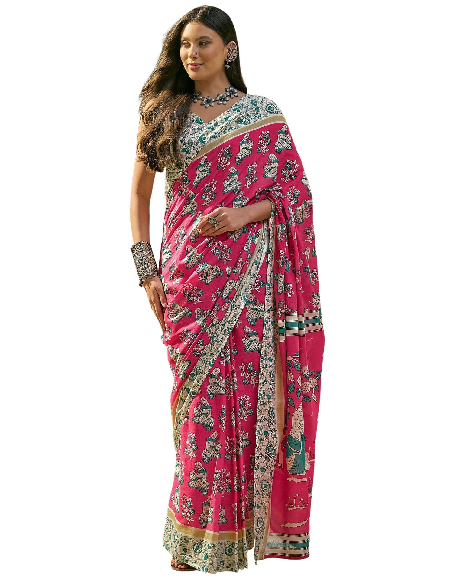 SIRIL Women's Cotton Printed Ready to Wear Saree With Unstitched Blouse Piece