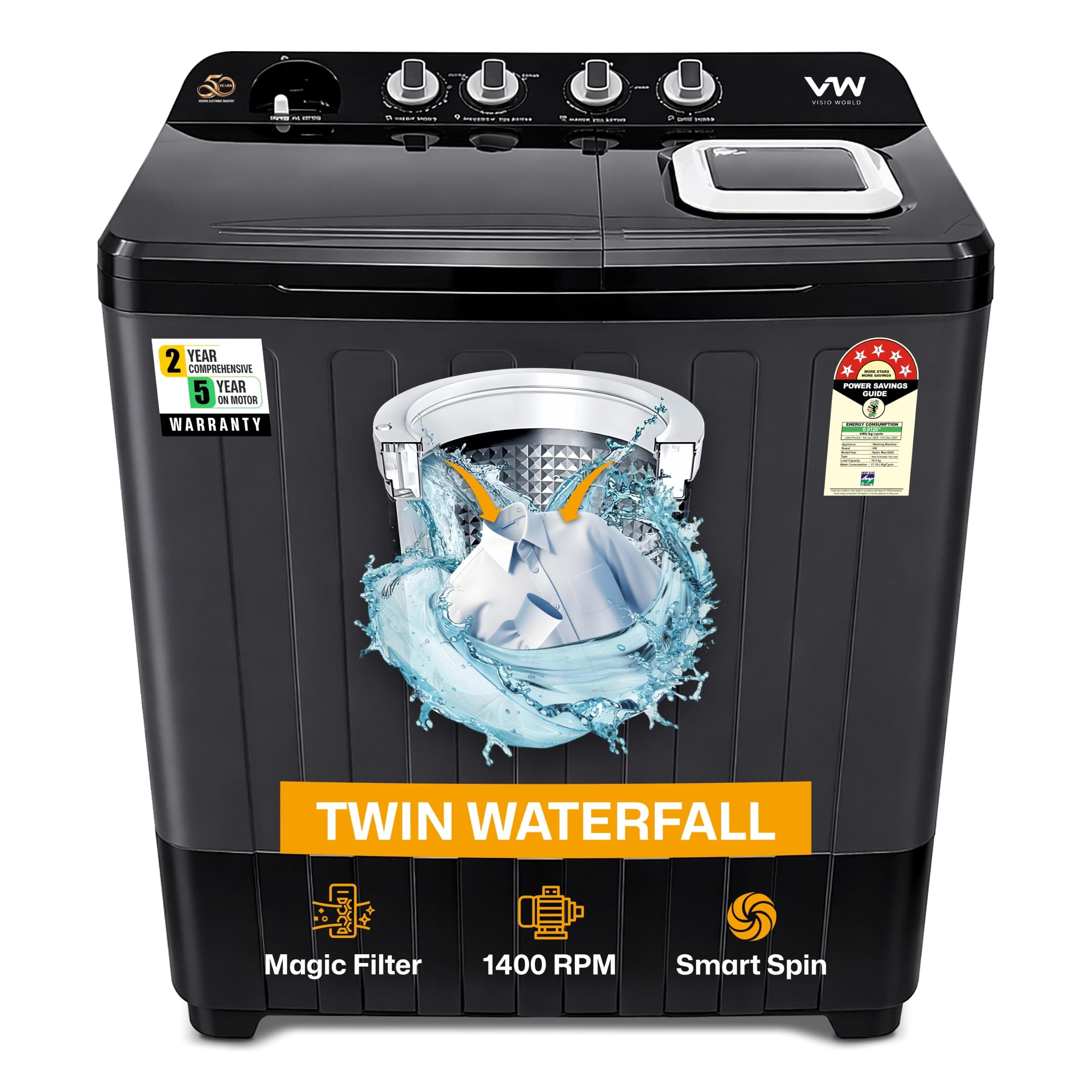 VW 10.5 kg Semi Automatic Top Load Washing Machine with Wings Pulsator Technology, HydroMax0105P, Black
