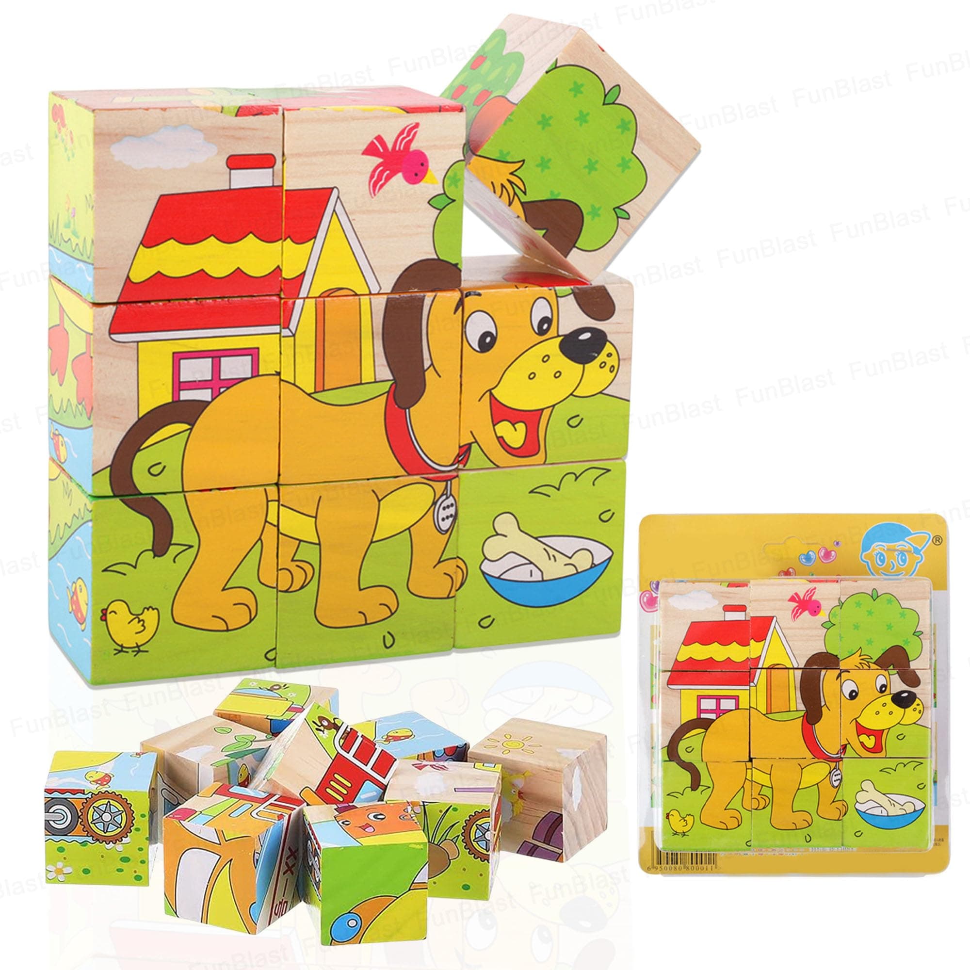 FunBlast 3D Wooden Jigsaw Puzzle Cube Blocks for Kids – 6-in-1 Farm Animals Puzzle with 9 Pieces – Early Learning Educational Toys for Toddlers 3+ Years (Multicolor)