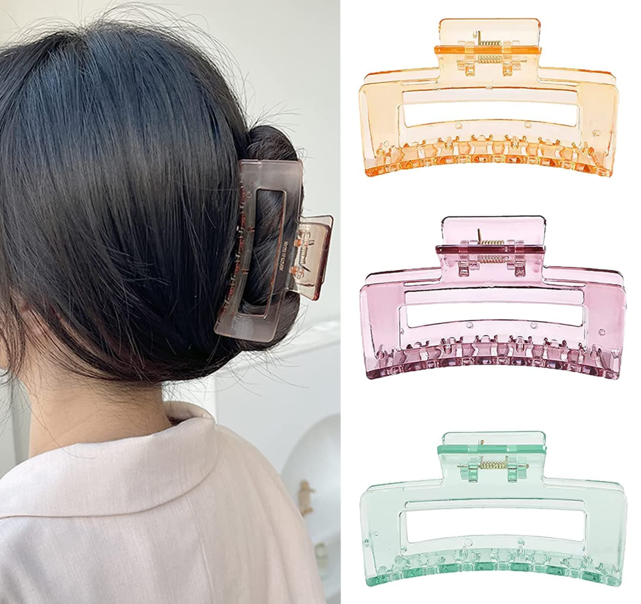 ANNACREATIONS 3 Pcs Korean Style Large Plastic Transparent Multicolor Color Hair Claw Clips Long Jaw Clutches Hair Accessories for Women and Girls