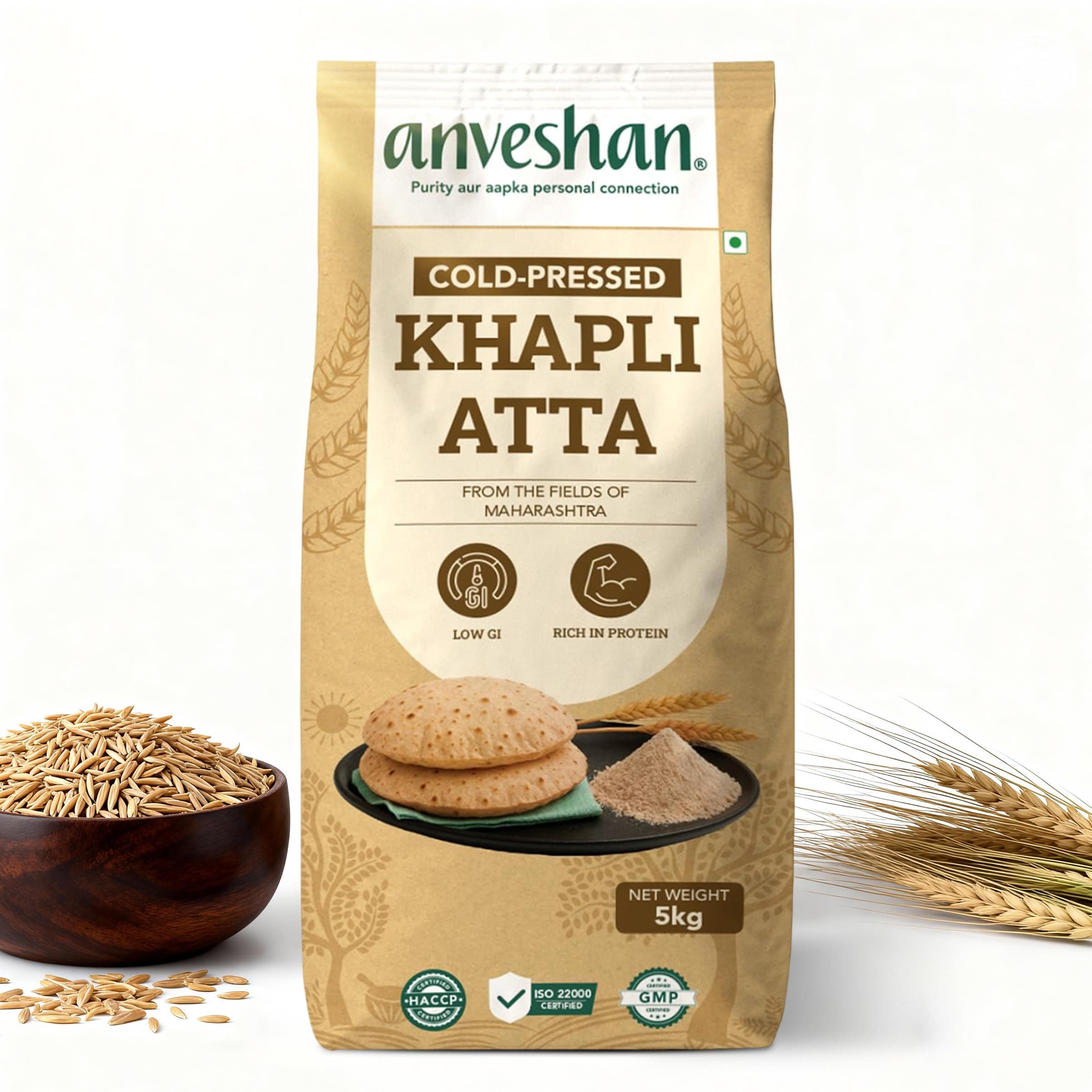 Anveshan Cold-Pressed Khapli Wheat Flour (5kg) |100% Emmer Wheat | Low GI, High Fiber, Stone-Ground Flour | High Dietary Fiber for Easy Digestion