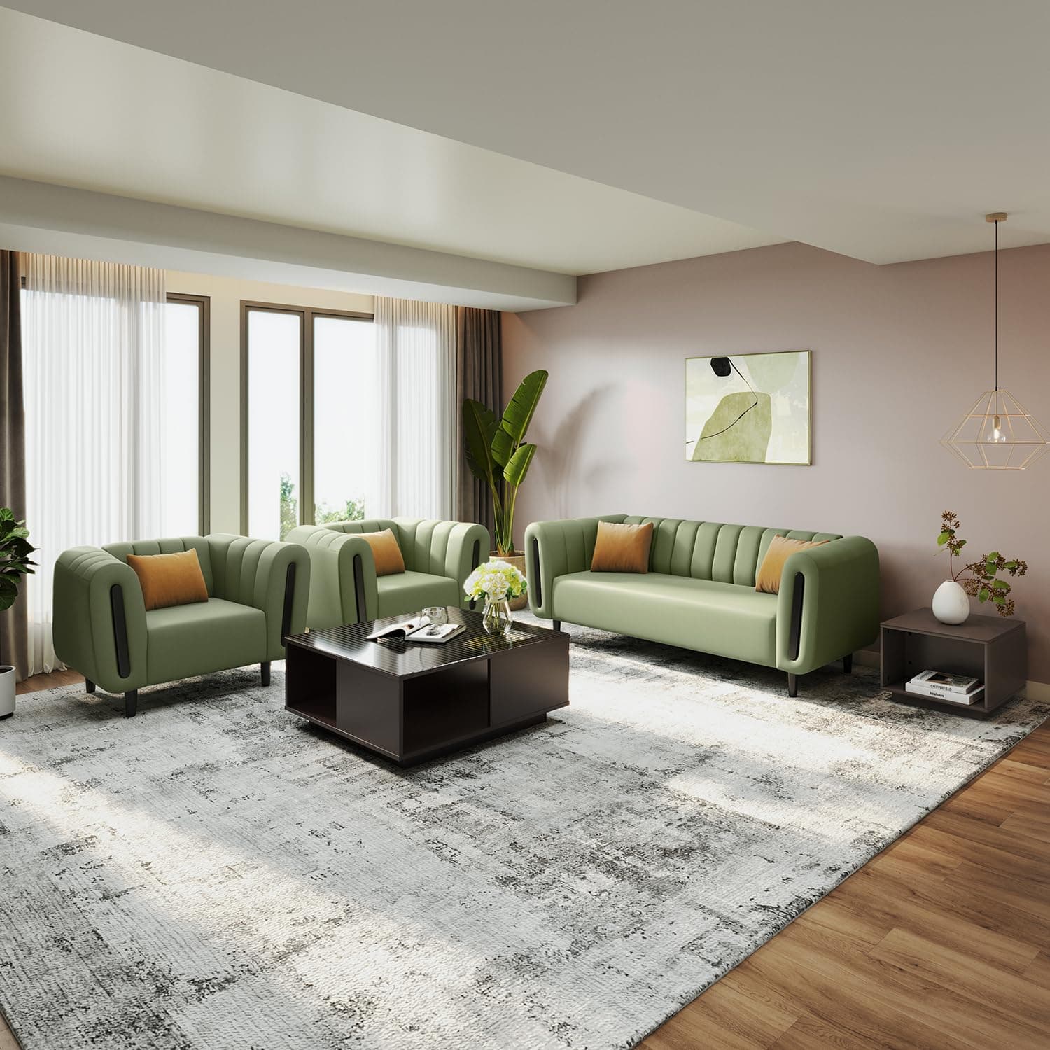 Interio by Godrej Sofa Paramount 5 Seater Fabric Sofa Set (3+1+1) for Living Room, 1-Year Warranty, Solid Wood, Green