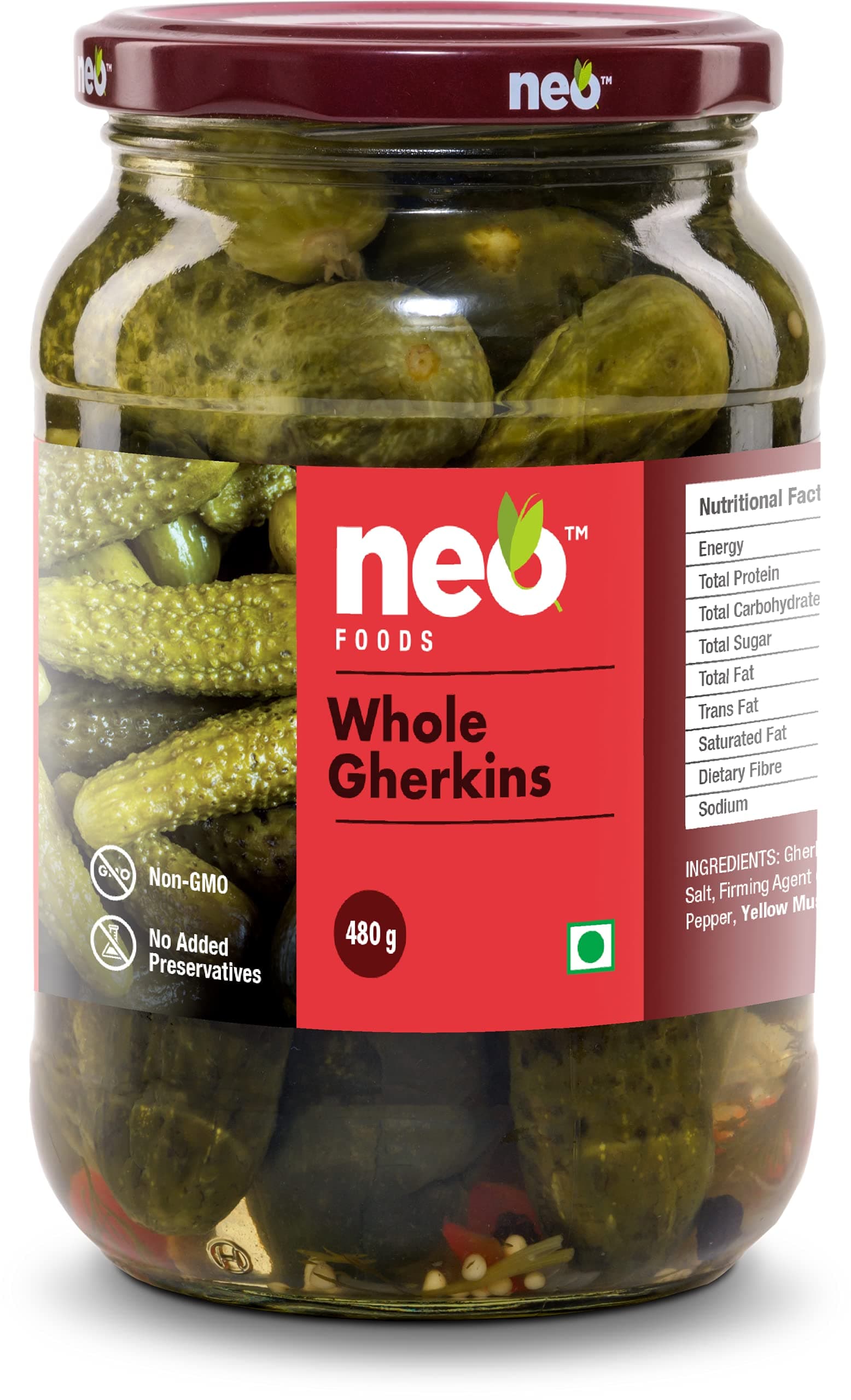 Neo Whole Gherkins 480g I Pack of 1 I 100% Plant Based I Low Fat Sweet and Crunchy Pickles, Ready to Eat I Enjoy with Nachos, Make a Healthy Salad at home