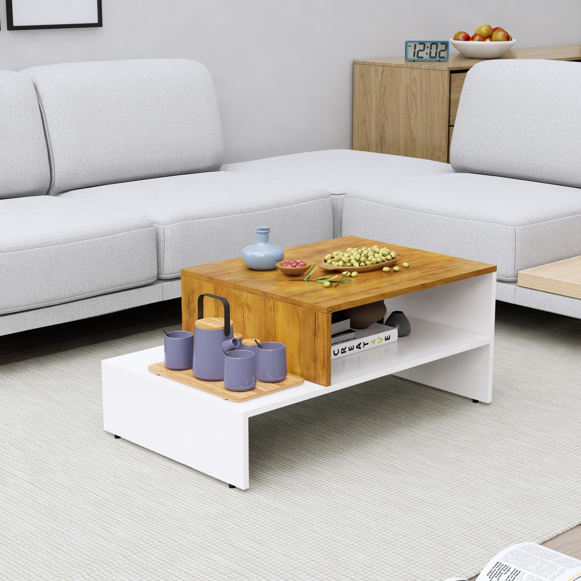 Bniture Wooden Coffee Table, Tea Table, Centre Table, European Quality Engineered Wood | Ideal for Home, Lounge Decor with Metal Legs (CT109, Frosty White & Giant Wood)