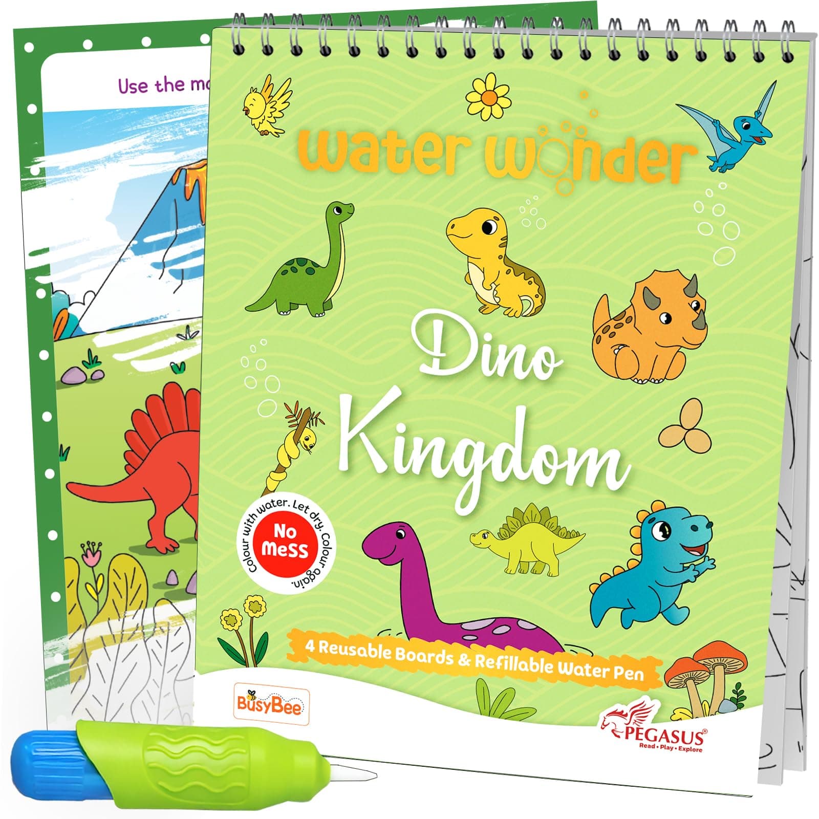 Reusable Magic Water Coloring Book For Kids, Educational Fun Time for Kids, Mess-Free Art with Quick Dry Technology (Dinosaurs Theme | 4 Reusable Coloring & Activity Boards | 1 Refillable Water Pen)
