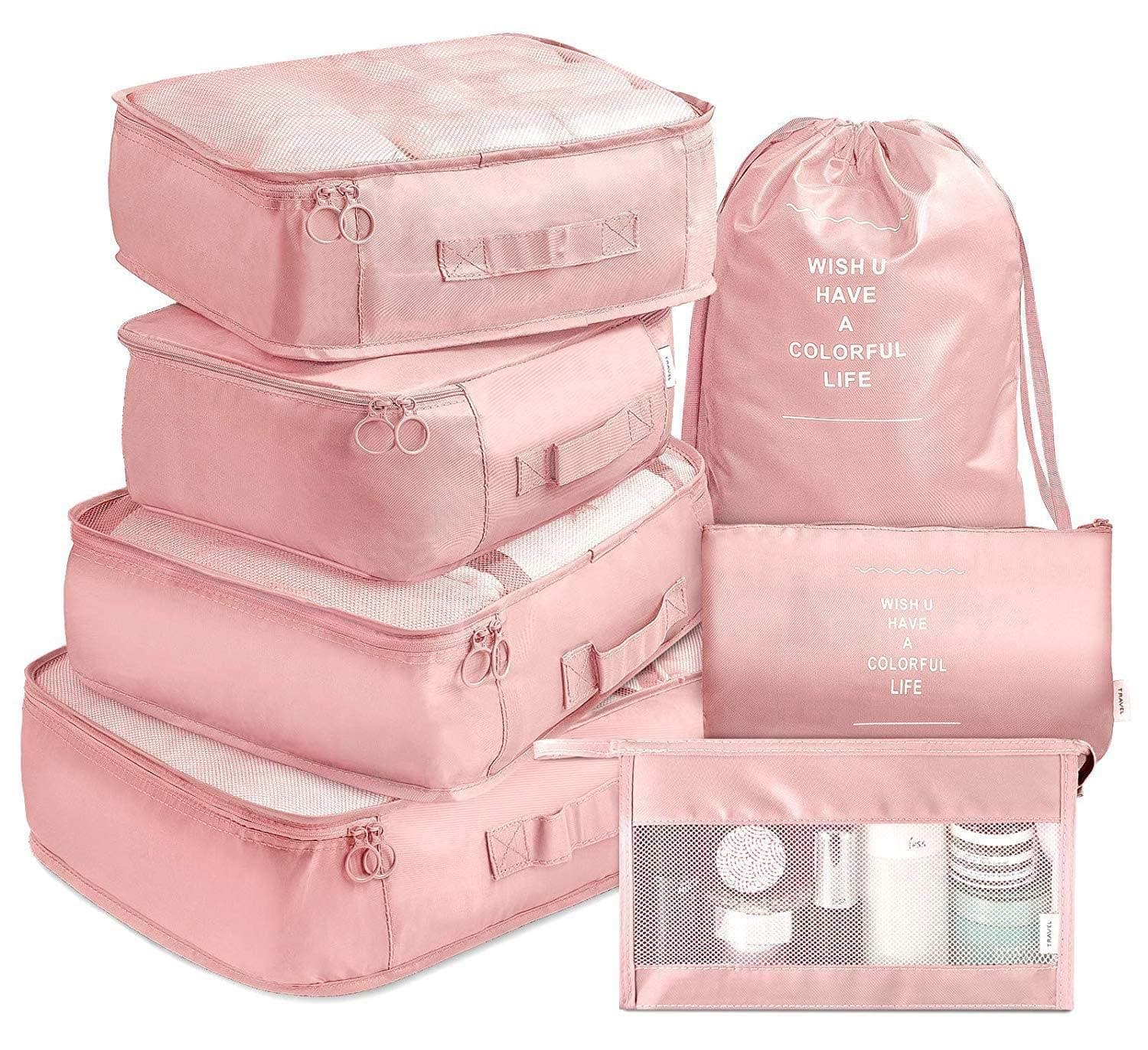 TS WITH TECHSUN 7 Pcs Travel Organizer Pouch Packing Cubes for Clothes Space Savers Bags Cosmetics/Underwear/Socks/Shoes Toiletry Bag Laundry Organiser (Nylon) (Pink)