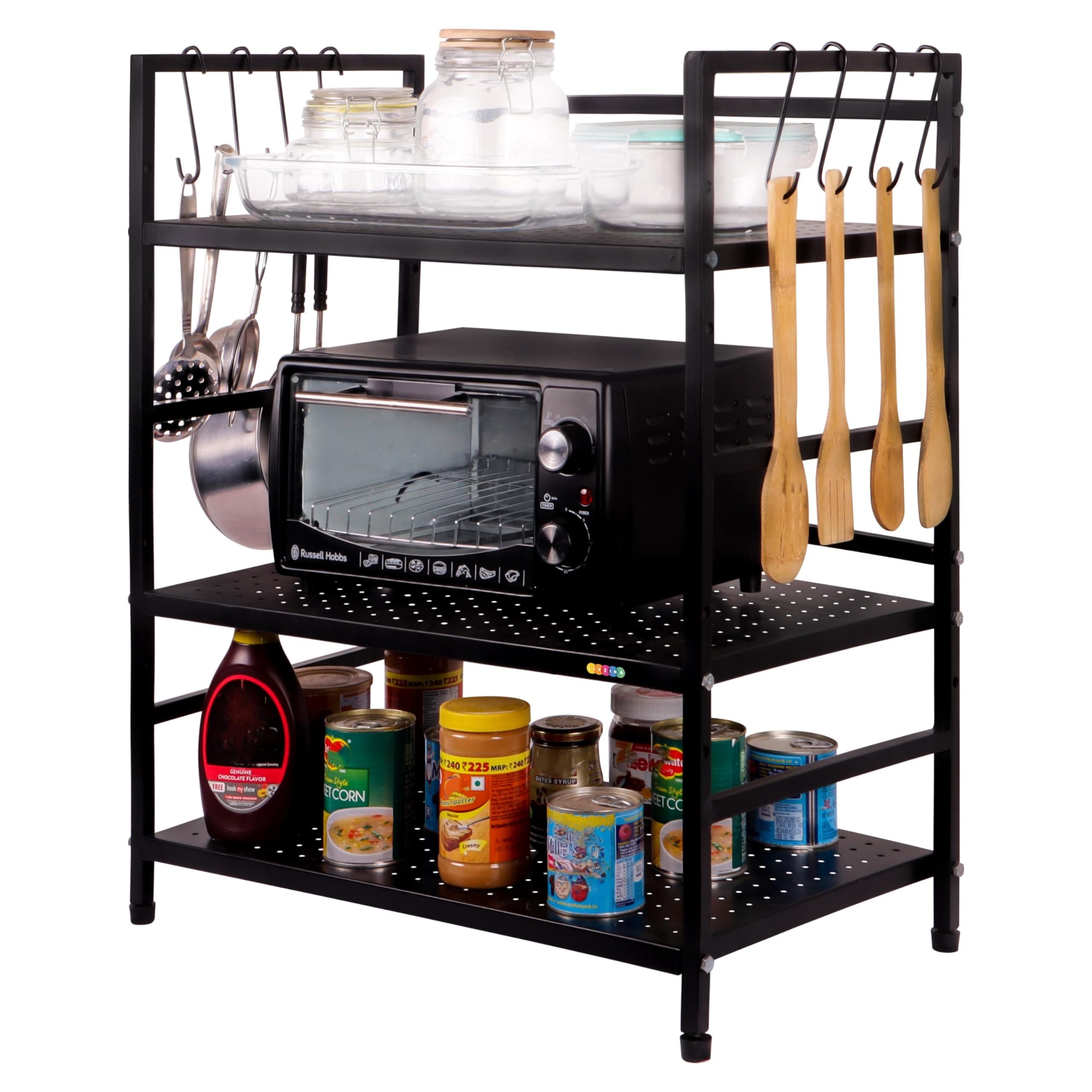 Livzing Microwave Oven Stand-3 Tier Floor Mount Metal Kitchen Organizer Free-Standing Shelves for OTG,Tall Stand for Kitchen,Long Height Organizer,Metak OTG Rack&Stand to Keep Mixer (Metal,Black)
