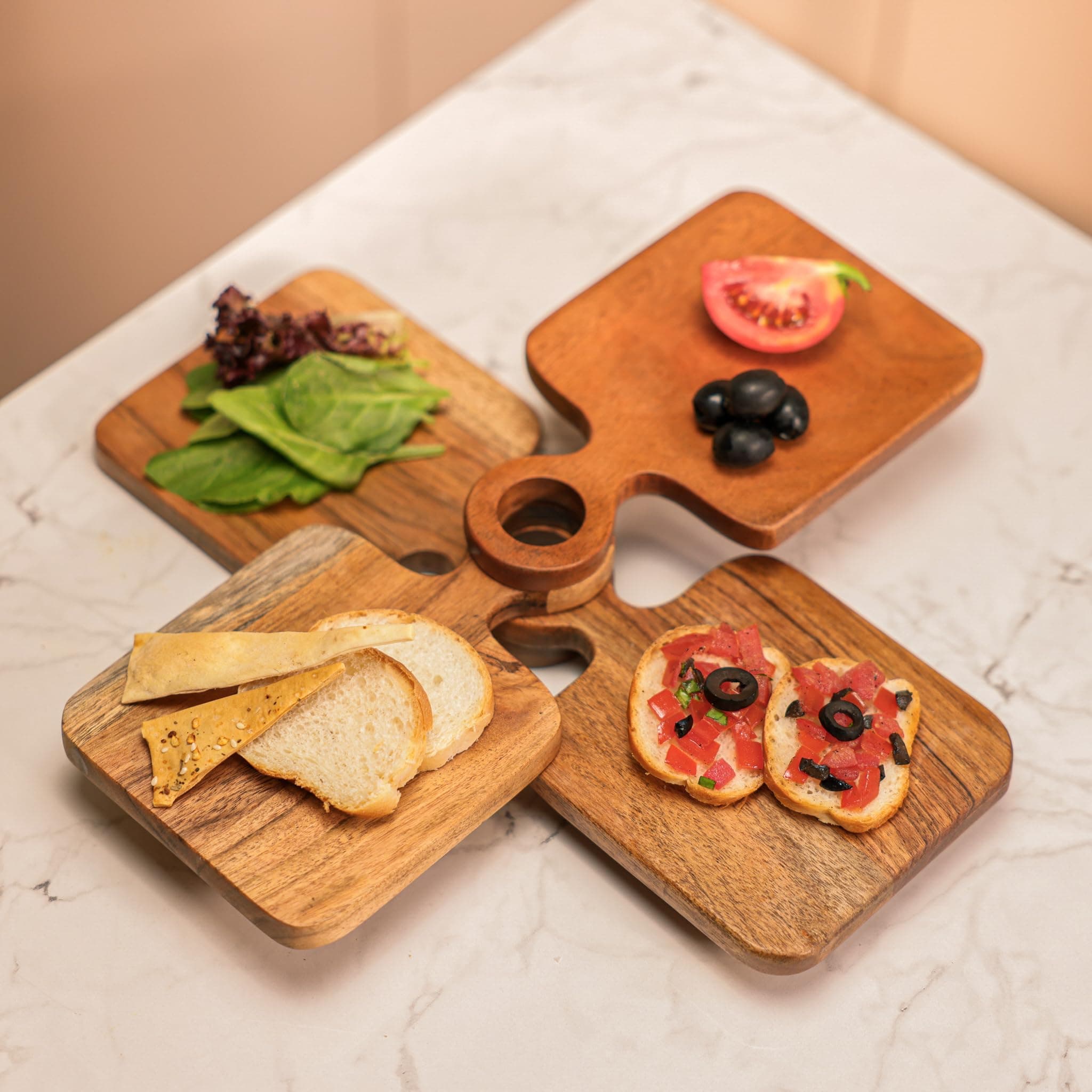 ireka HOMES River | Loop Acacia Wood Serving Board Set of 4| 7.5x5x2.25 Inch | Food Safe Rectangular Cheese & Dessert Serving Platter for Cupcakes, Pastries, Donuts, Fruits, Snacks | Brown