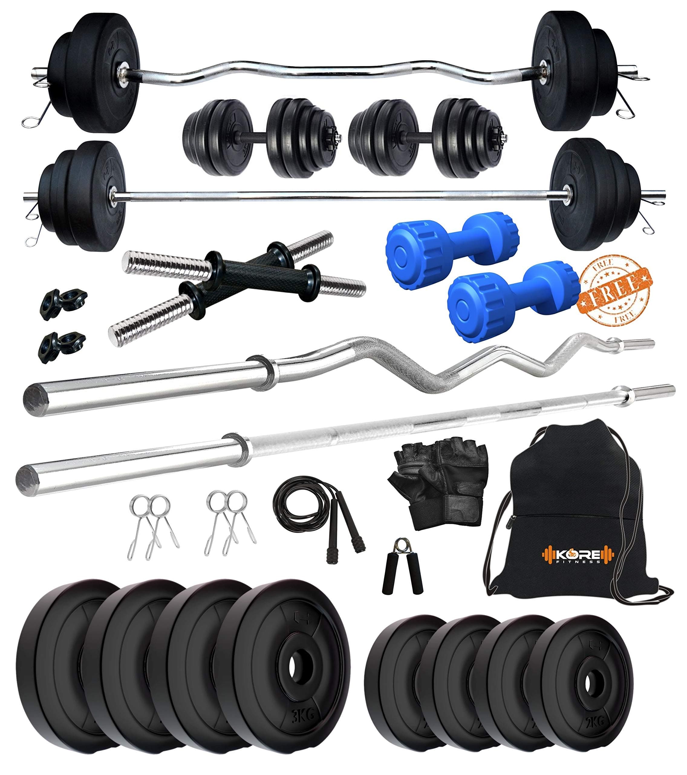 Kore PVC 20-50 Kg Home Gym Set with One Plain + One Curl and One Pair Dumbbell Rods with Gym Accessories and PVC Dumbbells