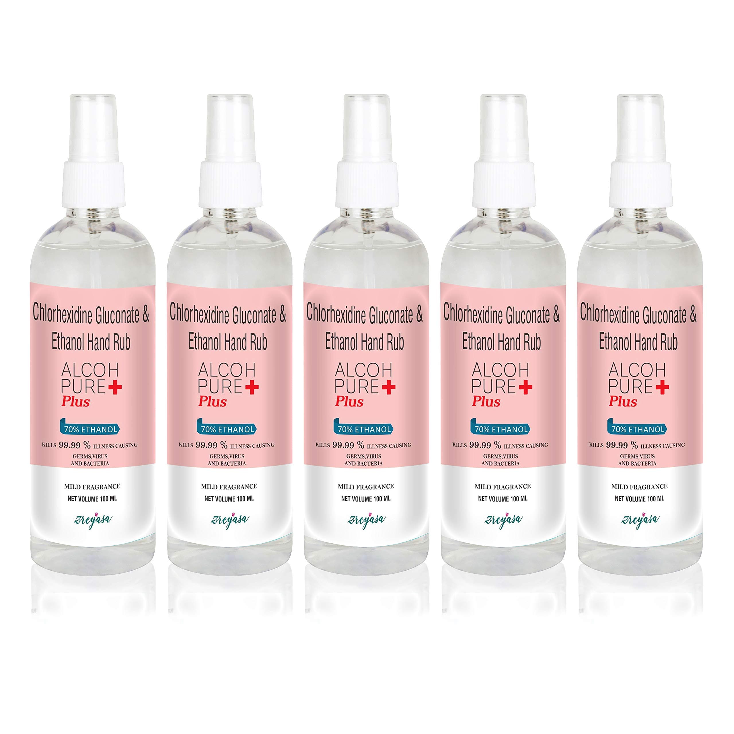 ALCOHPURE Plus CHG Hand Rub Spray, 70% Ethanol, FDA Approved (Pack of 5 100ml)
