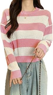 ICW Women's Knitted Hollow Out Color Block Long Sleeve Stripe Pullover Top T-Shirt Dn65 (One Size Fit XS-S-M-L)