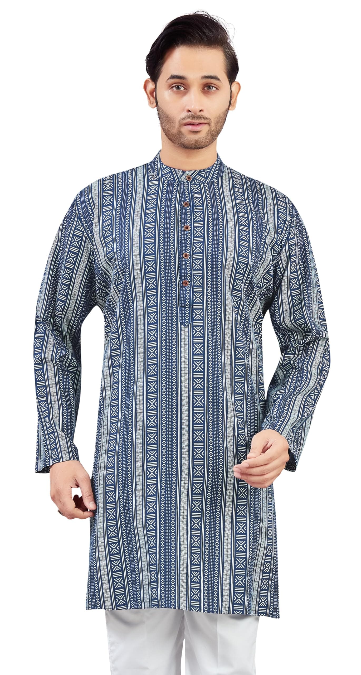 Studio Shringaar Men's Navy Blue Cotton Turkish Printed Knee Length Relax Fit Kurta (Navy Blue, XL)