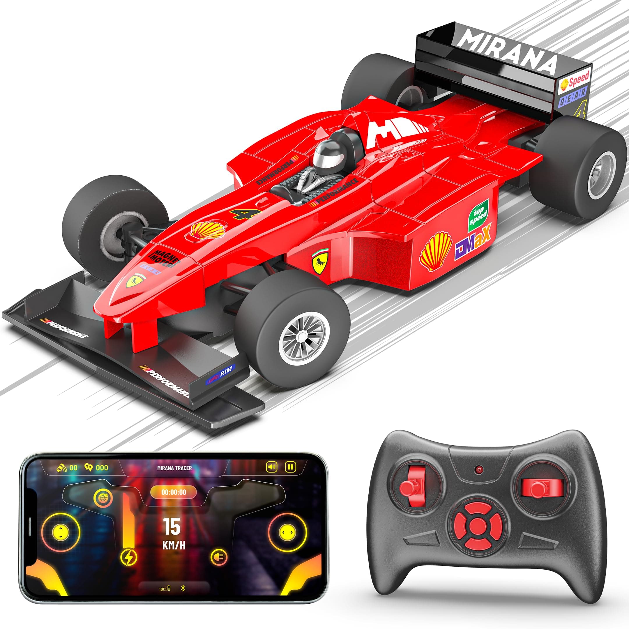 Mirana Super Car | USB Rechargable Type-C | in-Built Bluetooth Speaker | 1:12 Size High-Speed Dual Motor Formula 1 RC Car | Long Range Remote & App Controlled F1 Toy for Kids 4+ 5+ 6+ Years (Red)