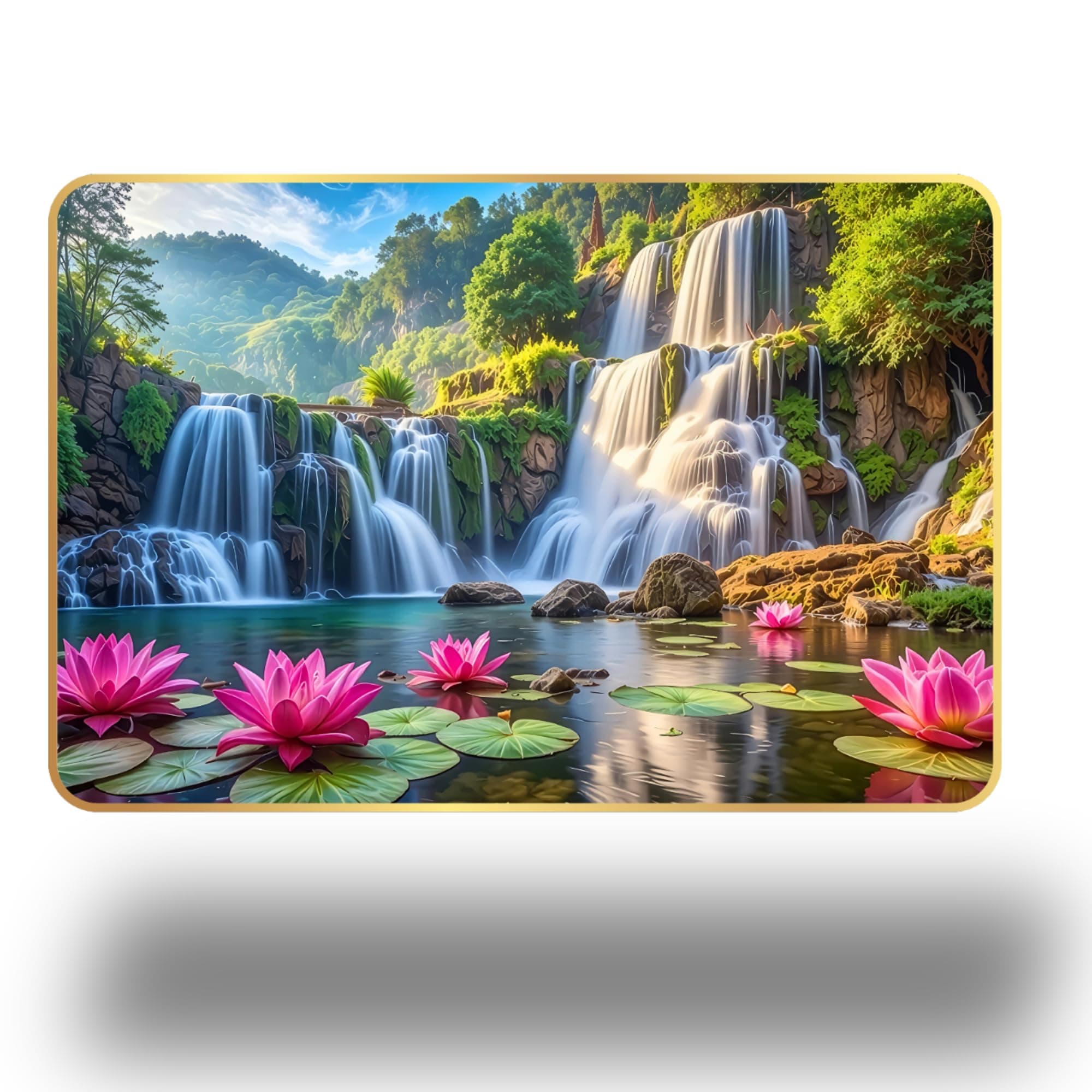 Lotus Waterfall Wall Painting for Living Room | Vastu Positive Energy Wall Decor | Premium UV Printed Nature Scenery Artwork for Home, Bedroom, Office Decoration | Waterproof & Fade Resistant Ready to Hang (Style-04, 12x18 inch)