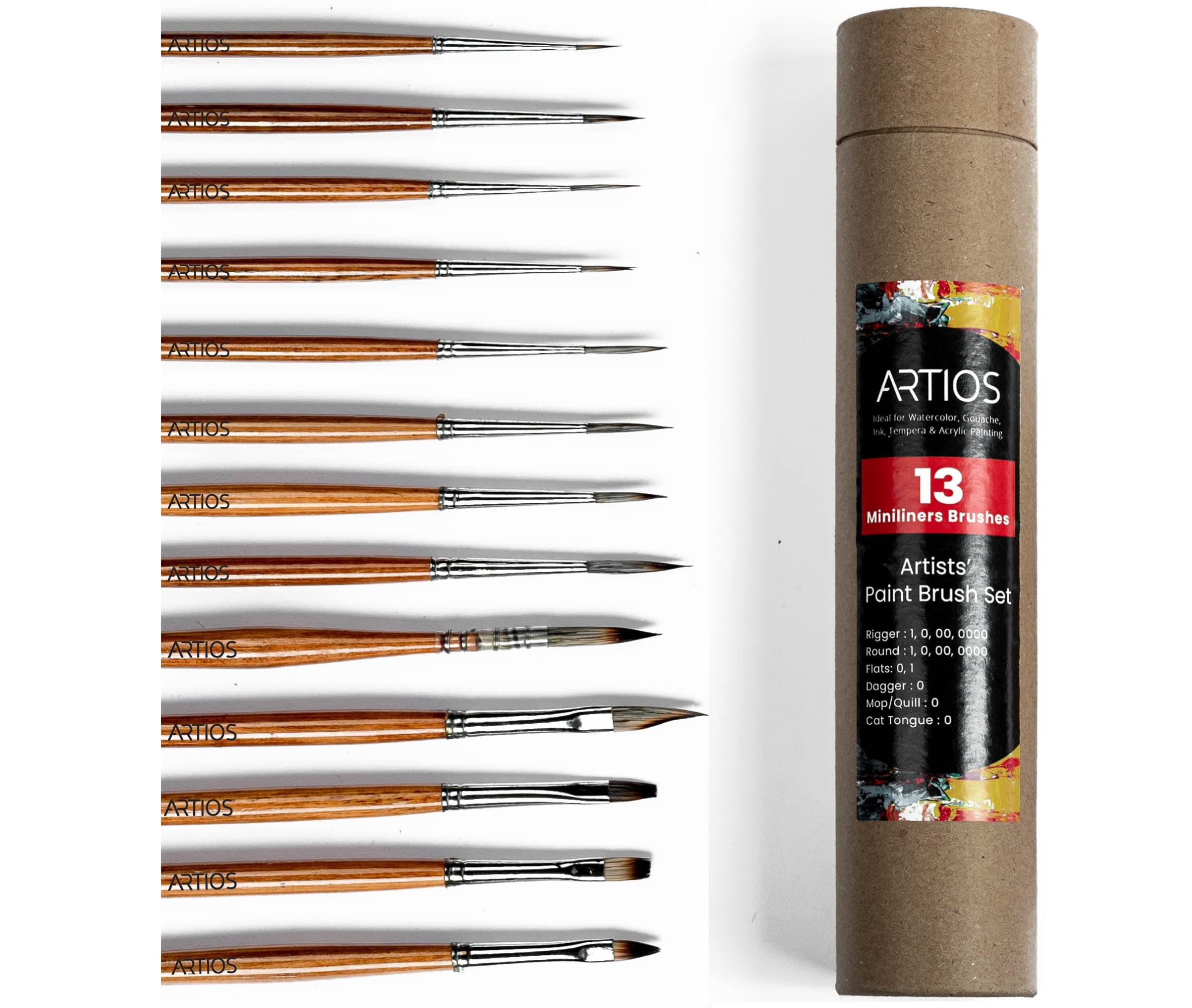ARTIOS Fine Detailing Brush Set - 13 Piece Thin Miniature Brushes With Holder for Acrylic, Oil, Watercolor & Gouache - Wood Handle, Synthetic Bristle