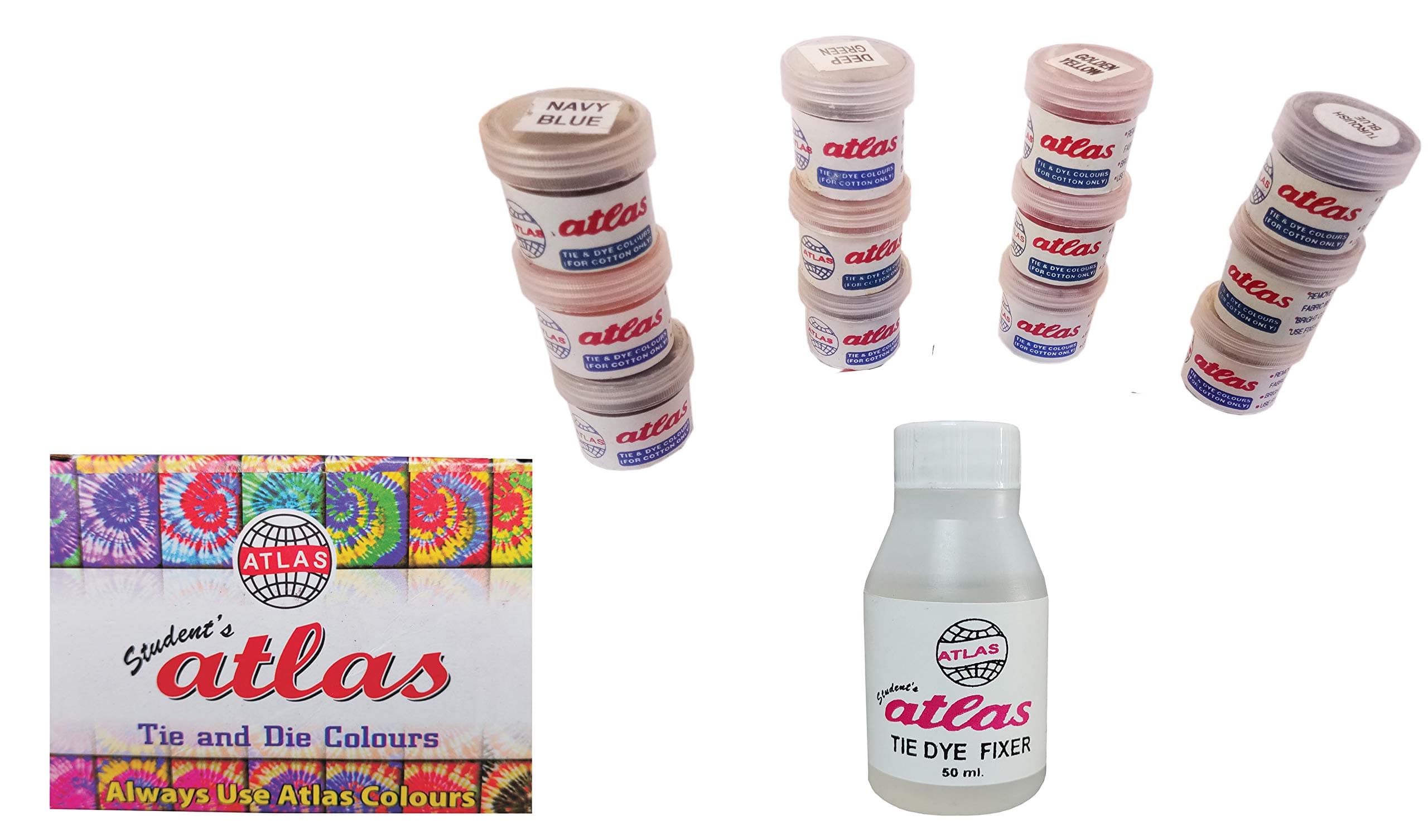 Atlas Colours Tie and Dye 12 Colour, 1 Fixer, 2 Threads Kit (Standard, Multicolour) -Set of 15 Pieces