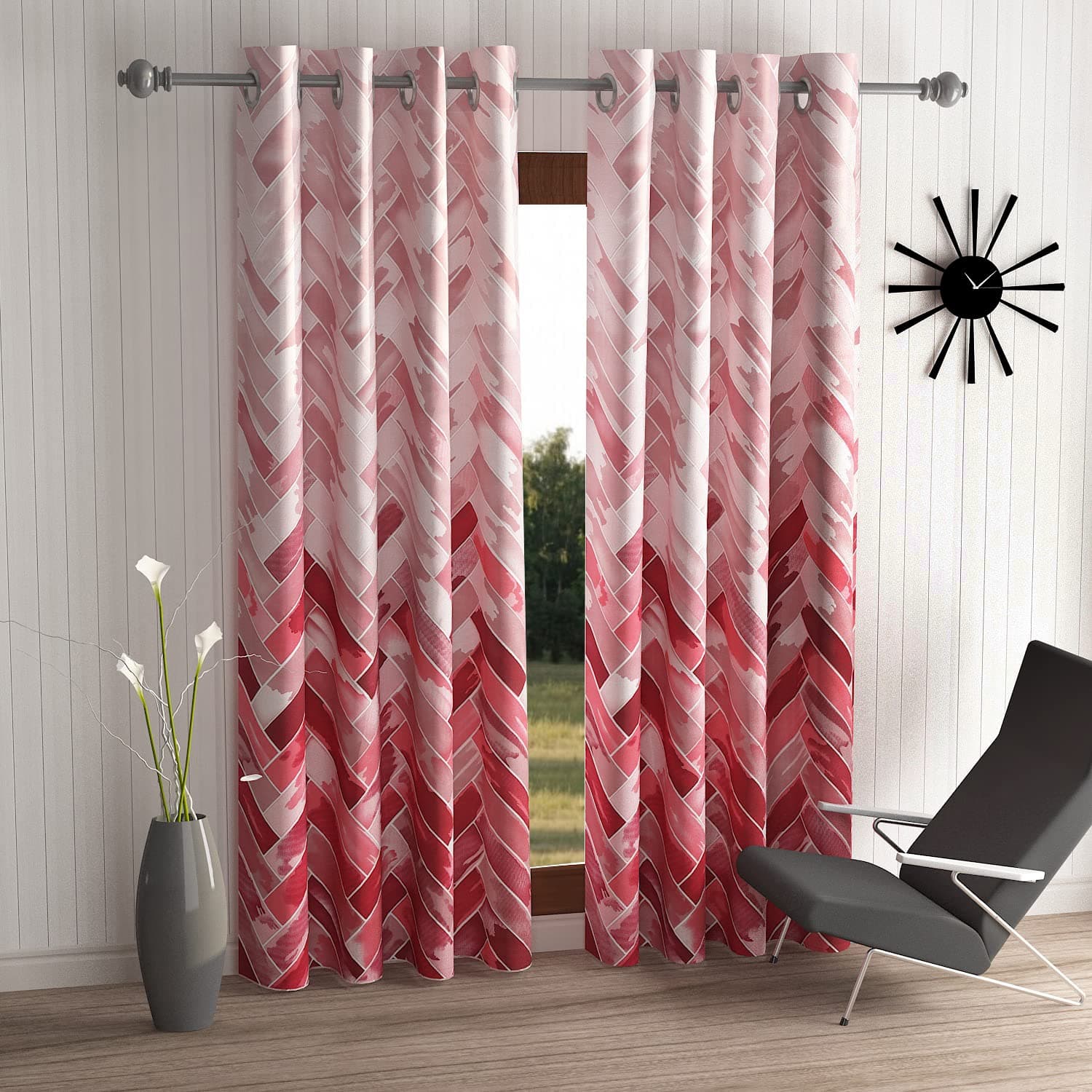 Home Sizzler 2 Pieces Geometrical Panel Eyelet Polyester Window Curtains - 6 Feet, Maroon