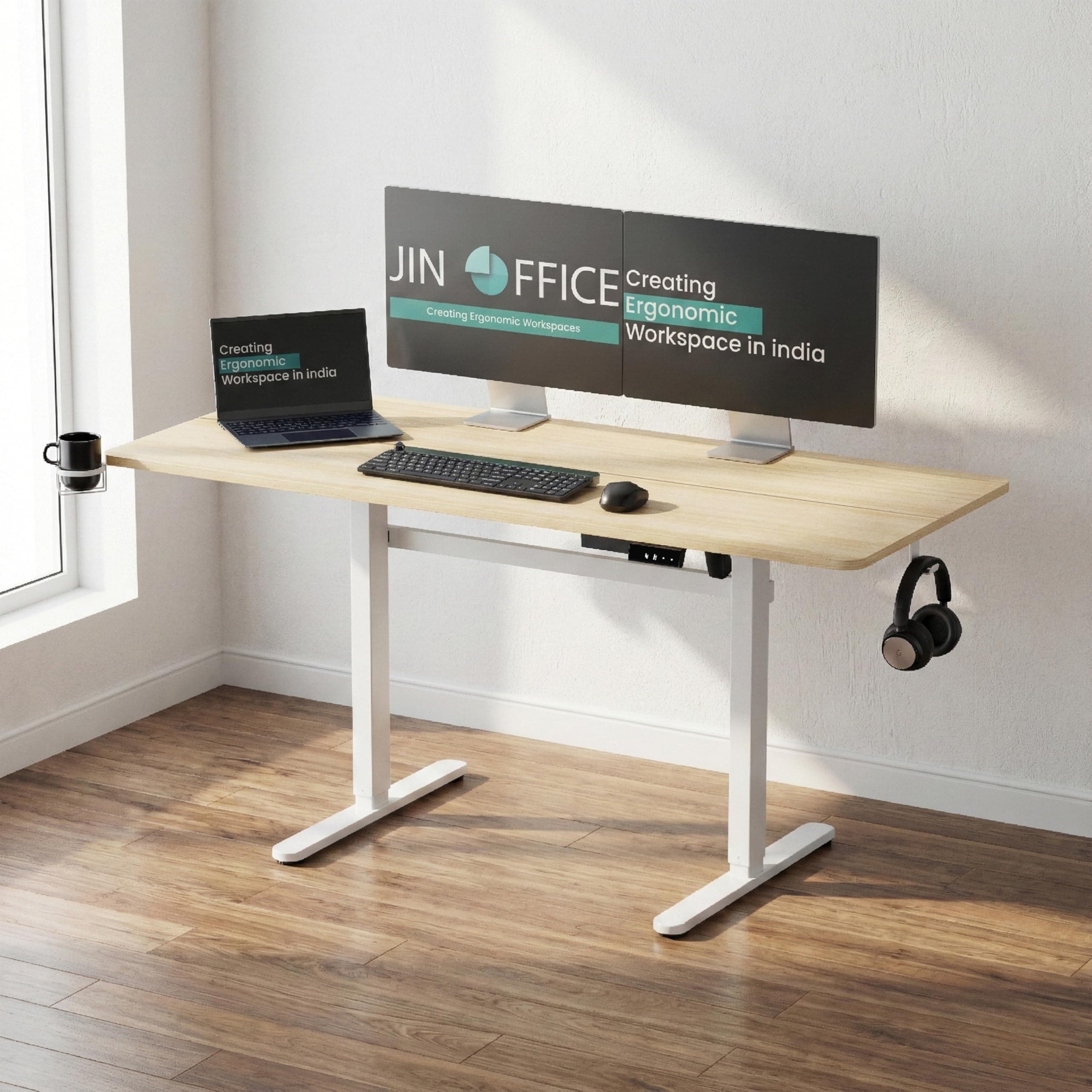 JIN OFFICE EcoSmart Electric Height Adjustable Desk| Sit Stand Table,80 Kg Load, 2 Year Warranty| Standing Desk with Cup Holder, Memory Preset, Stability Crossbar| Ergonomic Split 1400*600mm Top Maple