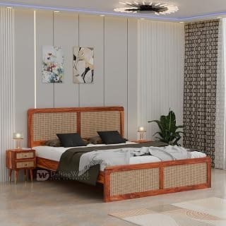 DRIFTINGWOOD Amber Solid Sheesham Wood King Size Bed Without Storage | Rattan Cane Headboard & Footboard | Curved Edges | Honey Finish (Self Assembly Required)